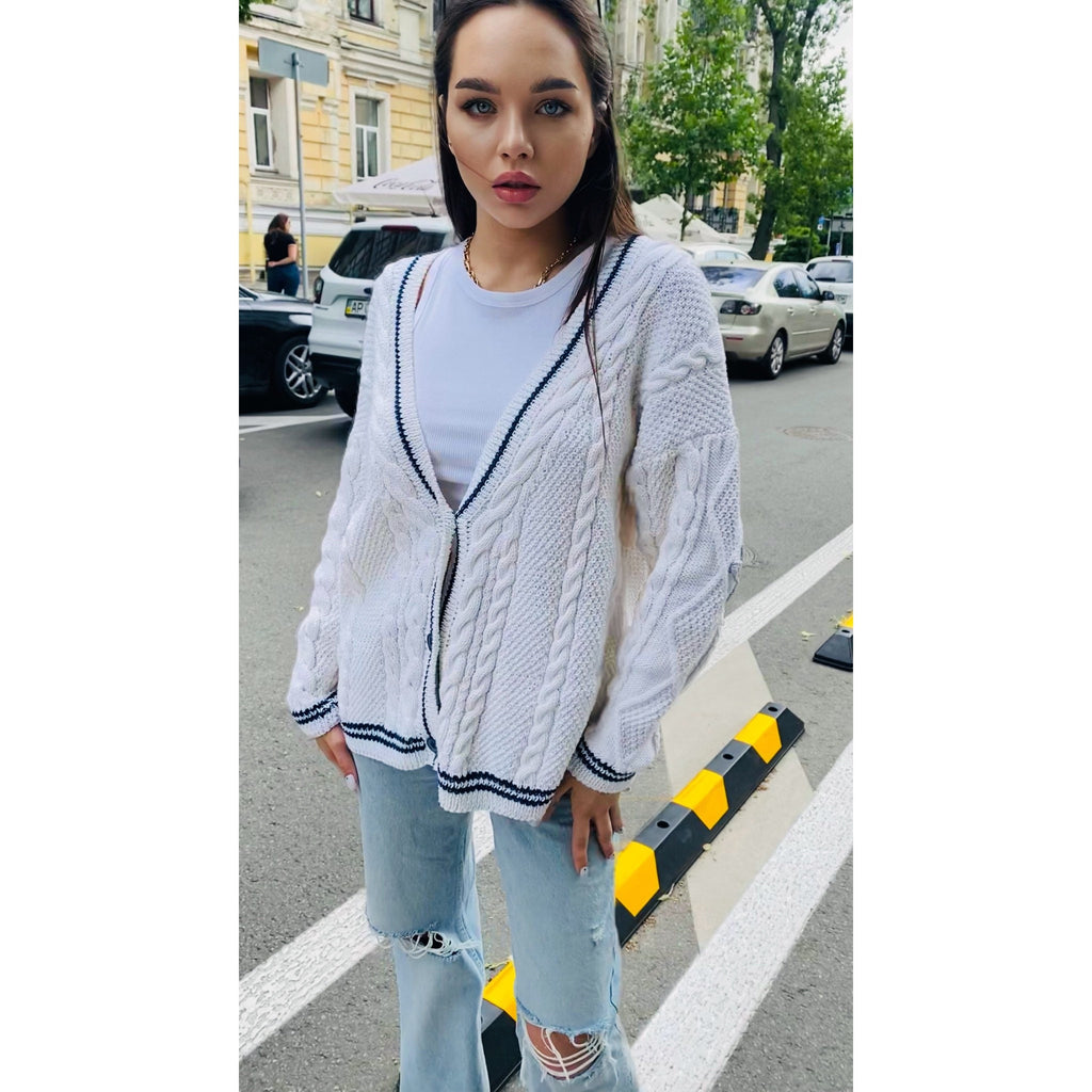 Hand knit folklore cotton cardigan White organic cotton sweater Star embroidered Chunky white sweater blue buttons Cozy women sweater
