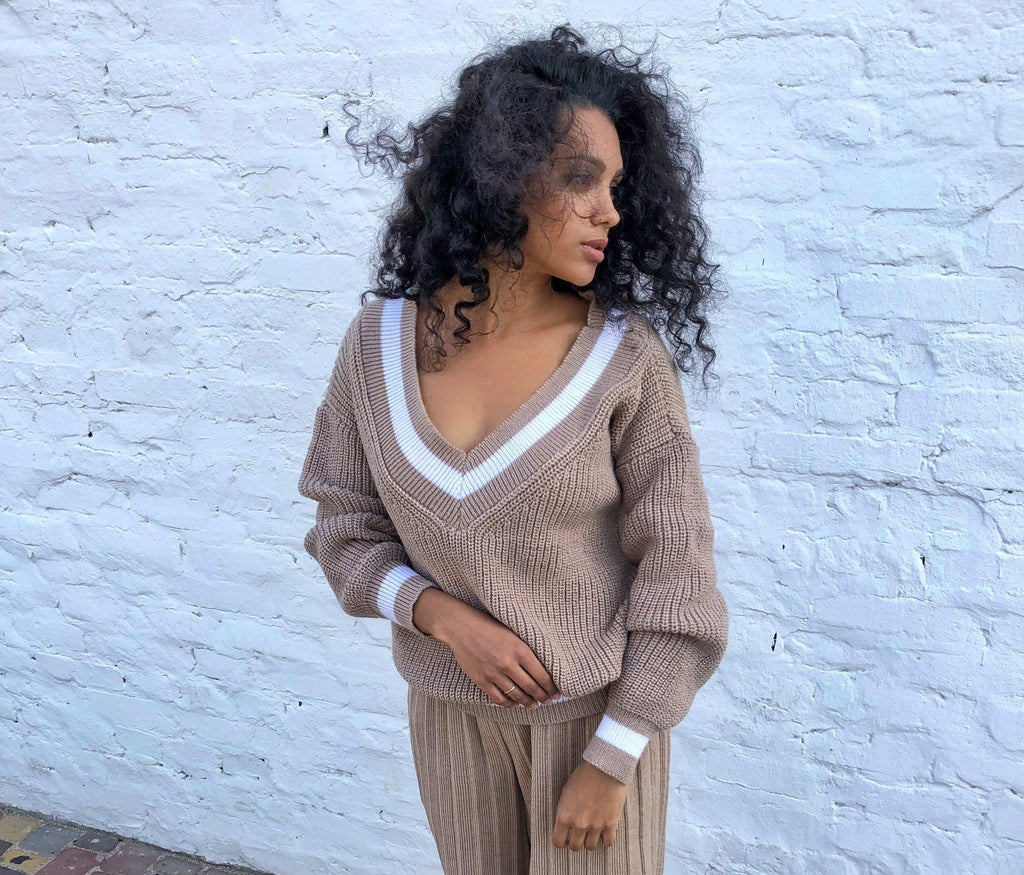 V-neck beige cable knitted merino wool sweater Chunky knit sweater women Beige Sweater Womens Chunky Thigh-High Sweater