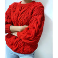 Red knit wool sweater women/knitted jumper 7/8 sleeve Cable knitting Loose knit Oversized Womens red knitted sweater