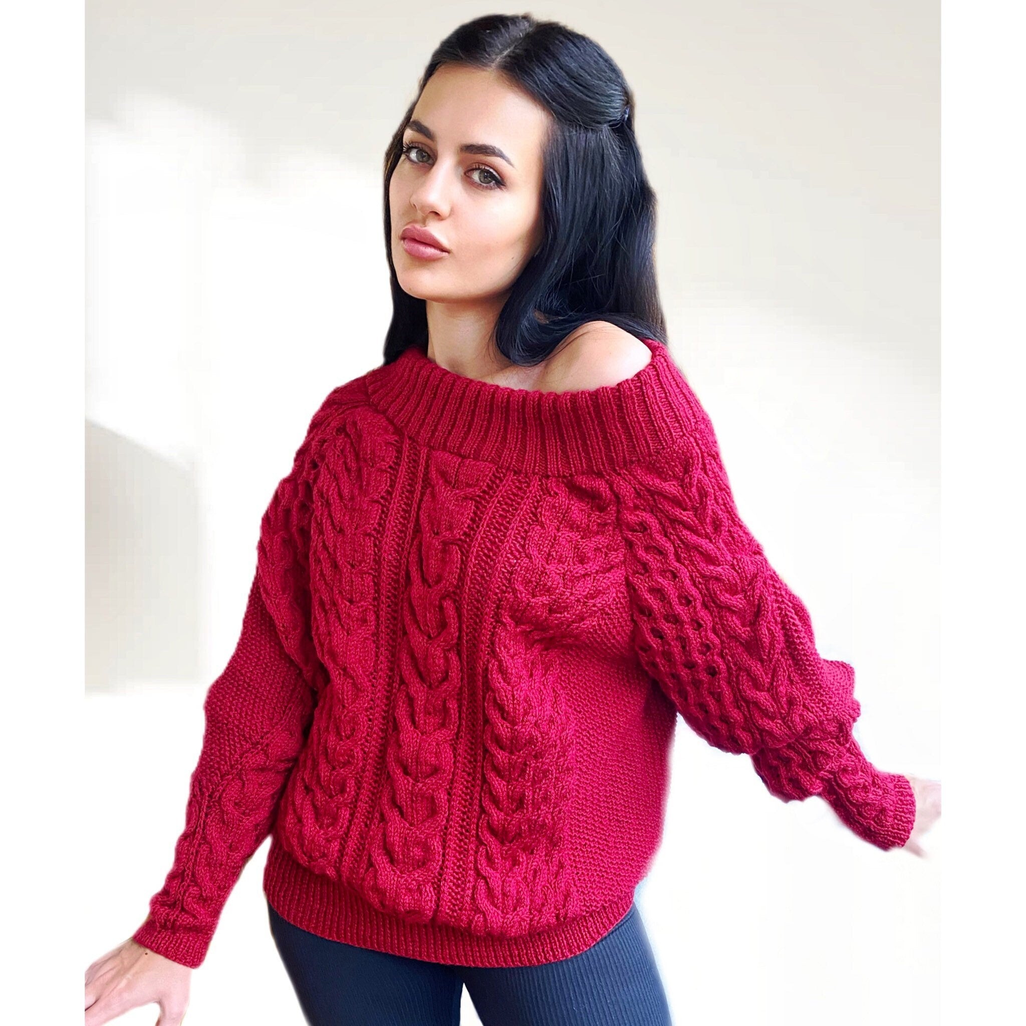 Cable knit red sweater Chunky knit merino wool sweater women One shoulder sweater Hand Knitted cotton Jumper Warm & Cosy pullover