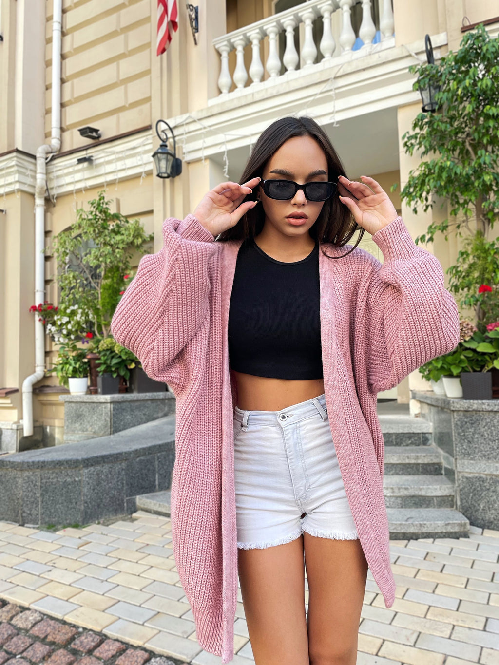 Chunky knitted cardigan Oversize pink sweater Cable knit cardigan Powder Balloon sleeve hand knitted cardigan for women Gift for besty