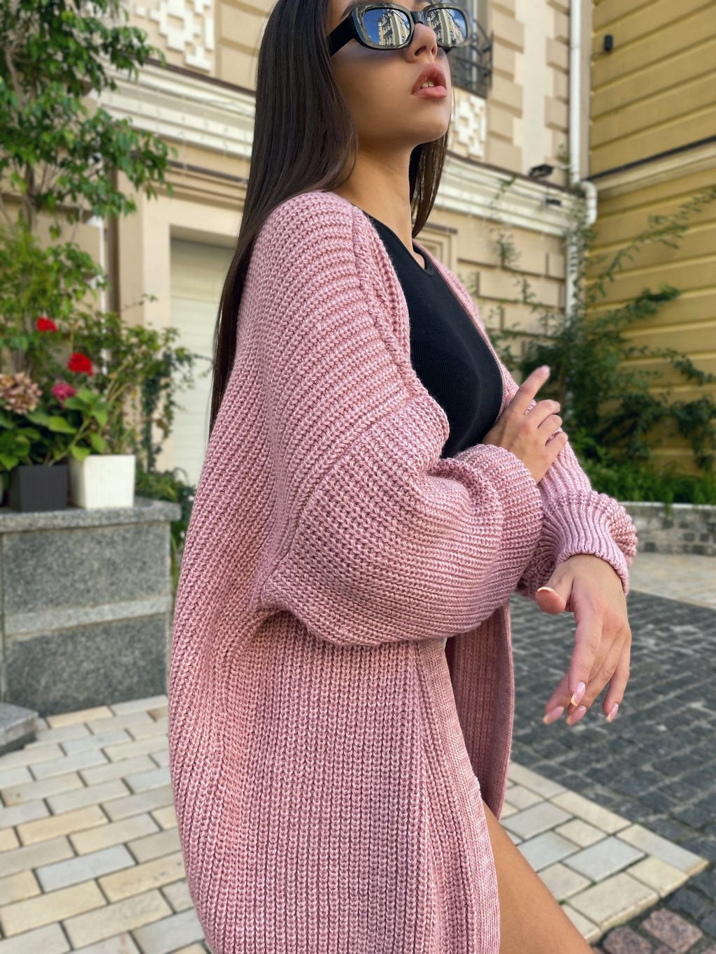 Chunky knitted cardigan Oversize pink sweater Cable knit cardigan Powder Balloon sleeve hand knitted cardigan for women Gift for besty