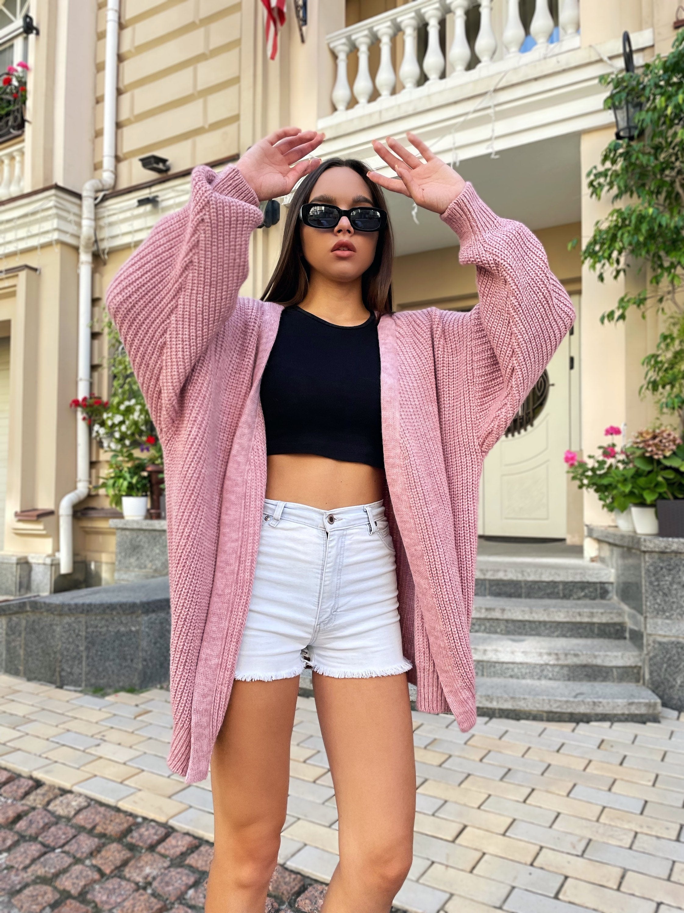 Chunky knitted cardigan Oversize pink sweater Cable knit cardigan Powder Balloon sleeve hand knitted cardigan for women Gift for besty