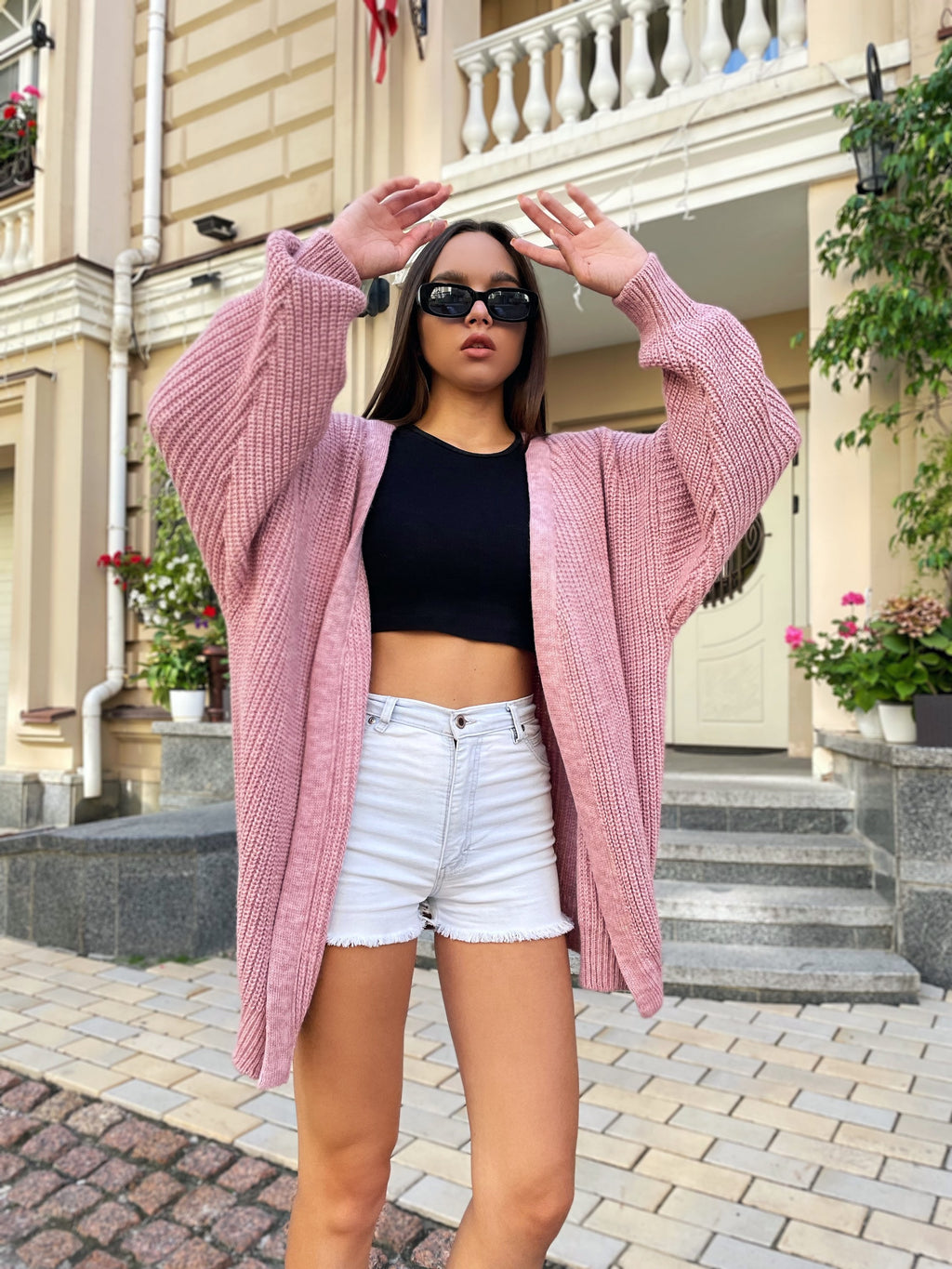 Chunky knitted cardigan Oversize pink sweater Cable knit cardigan Powder Balloon sleeve hand knitted cardigan for women Gift for besty