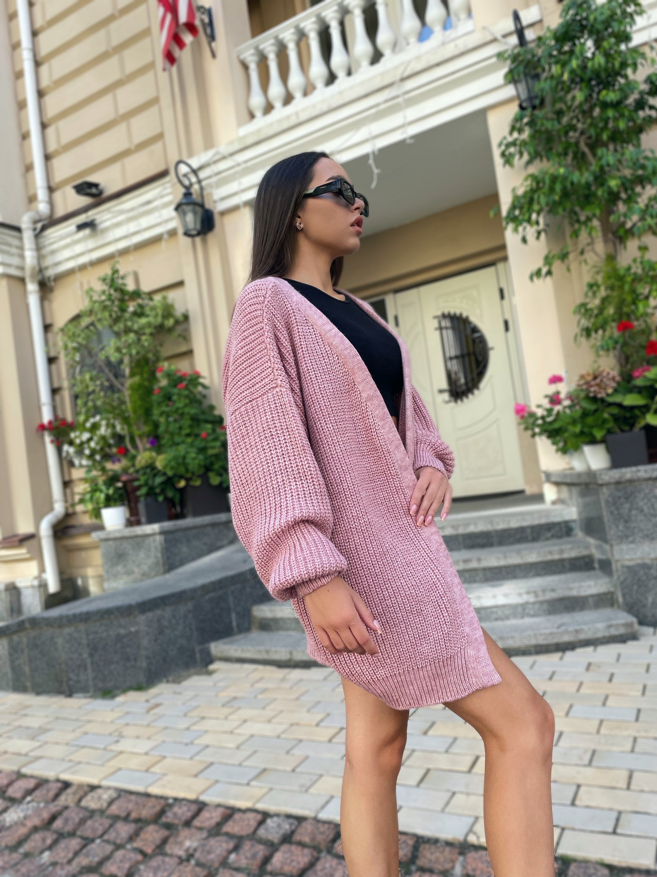 Chunky knitted cardigan Oversize pink sweater Cable knit cardigan Powder Balloon sleeve hand knitted cardigan for women Gift for besty