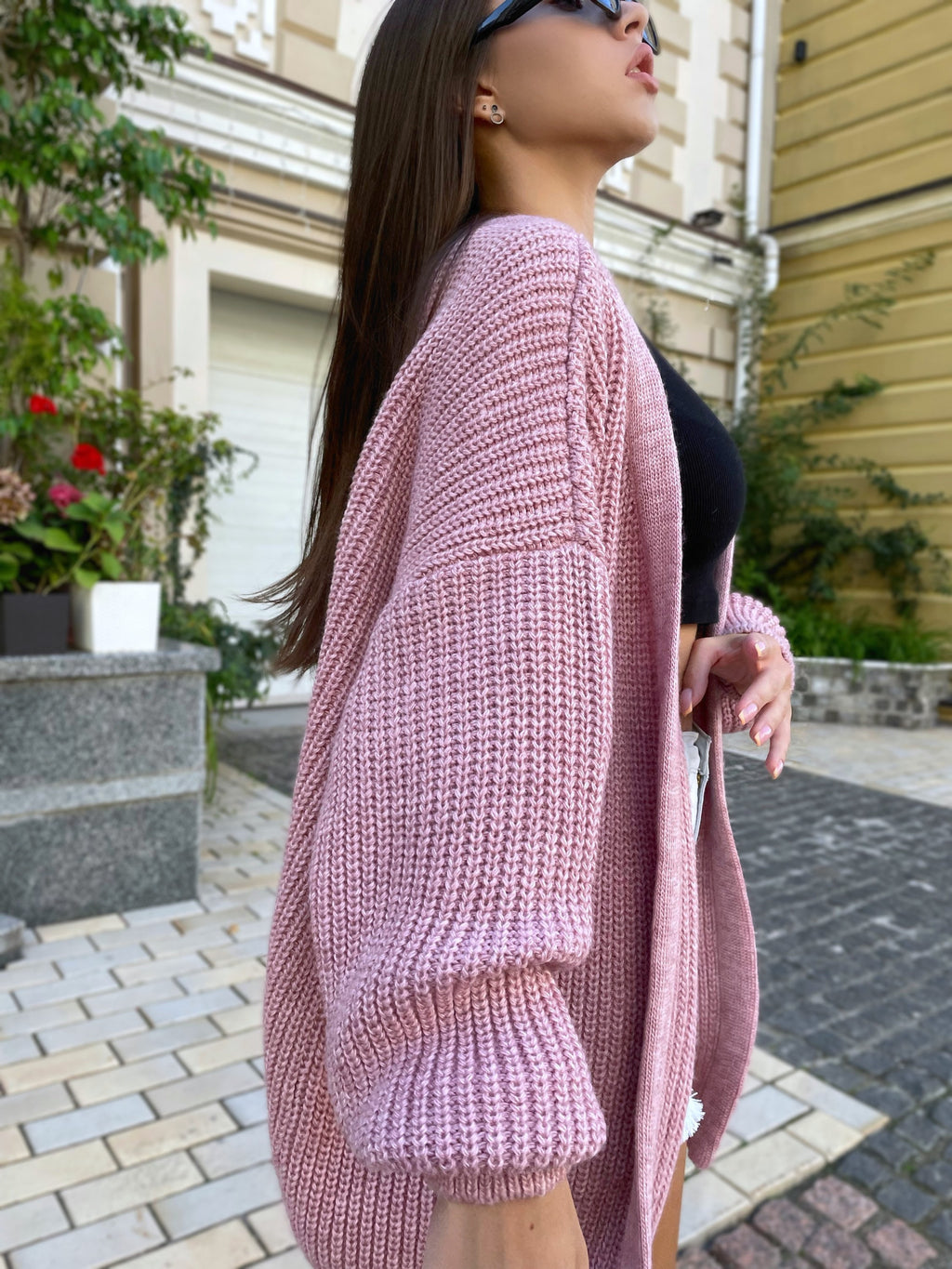 Chunky knitted cardigan Oversize pink sweater Cable knit cardigan Powder Balloon sleeve hand knitted cardigan for women Gift for besty