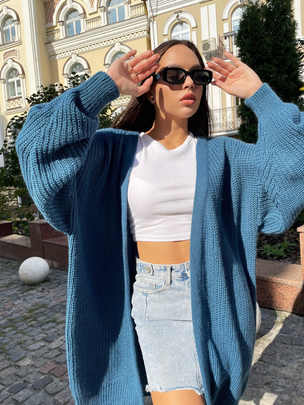 Chunky knitted cardigan Oversize blue sweater Cable knit cardigan Powder Balloon sleeve hand knitted green cardigan cocoon for women