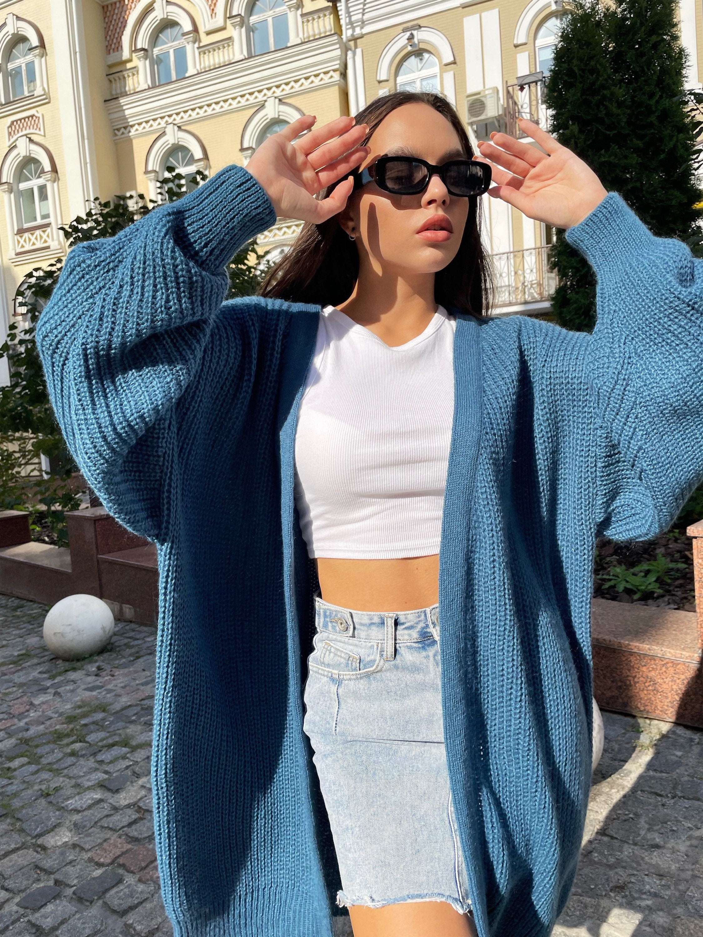 Chunky knitted cardigan Oversize blue sweater Cable knit cardigan Powder Balloon sleeve hand knitted green cardigan cocoon for women