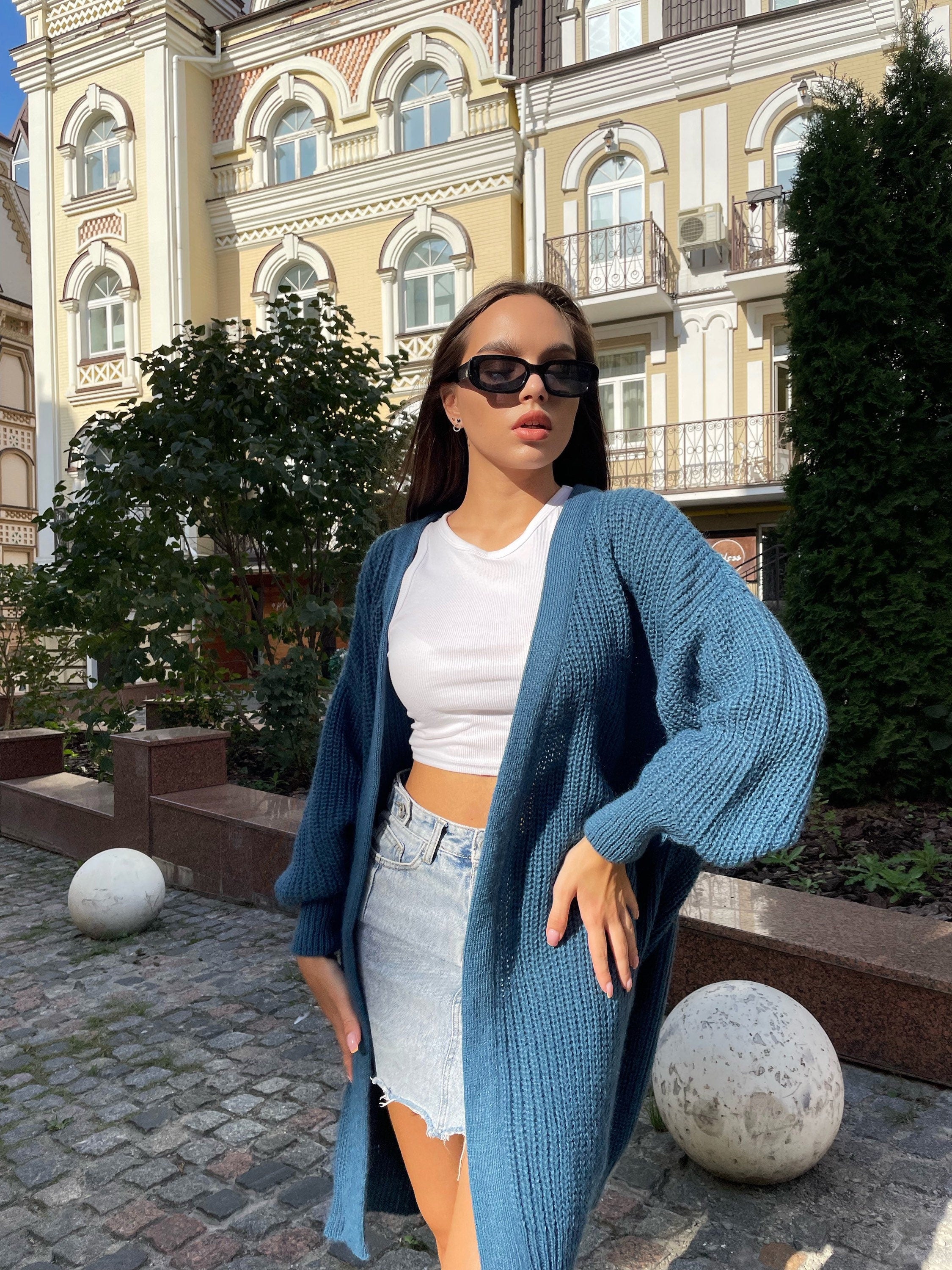 Chunky knitted cardigan Oversize blue sweater Cable knit cardigan Powder Balloon sleeve hand knitted green cardigan cocoon for women