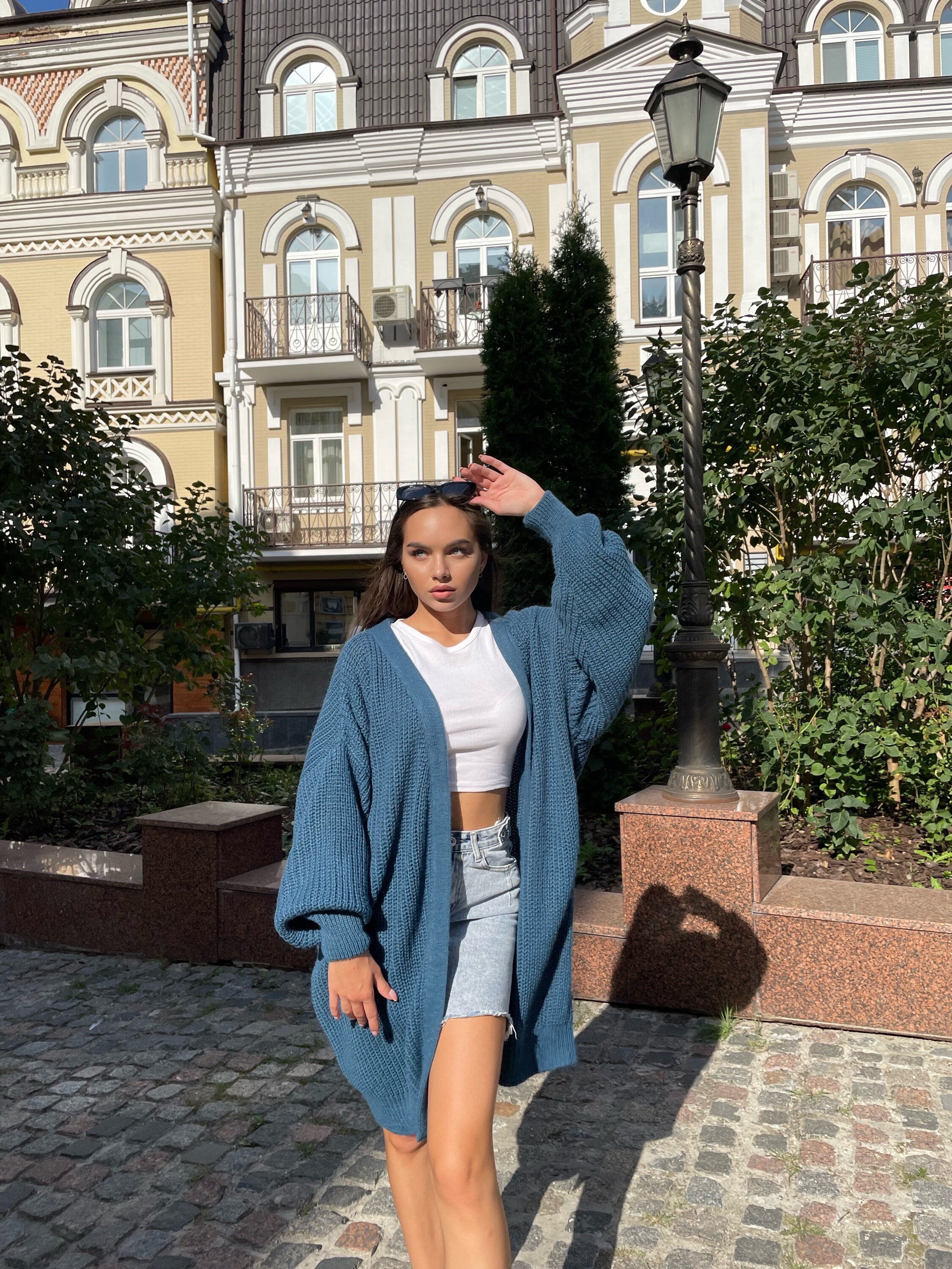 Chunky knitted cardigan Oversize blue sweater Cable knit cardigan Powder Balloon sleeve hand knitted green cardigan cocoon for women