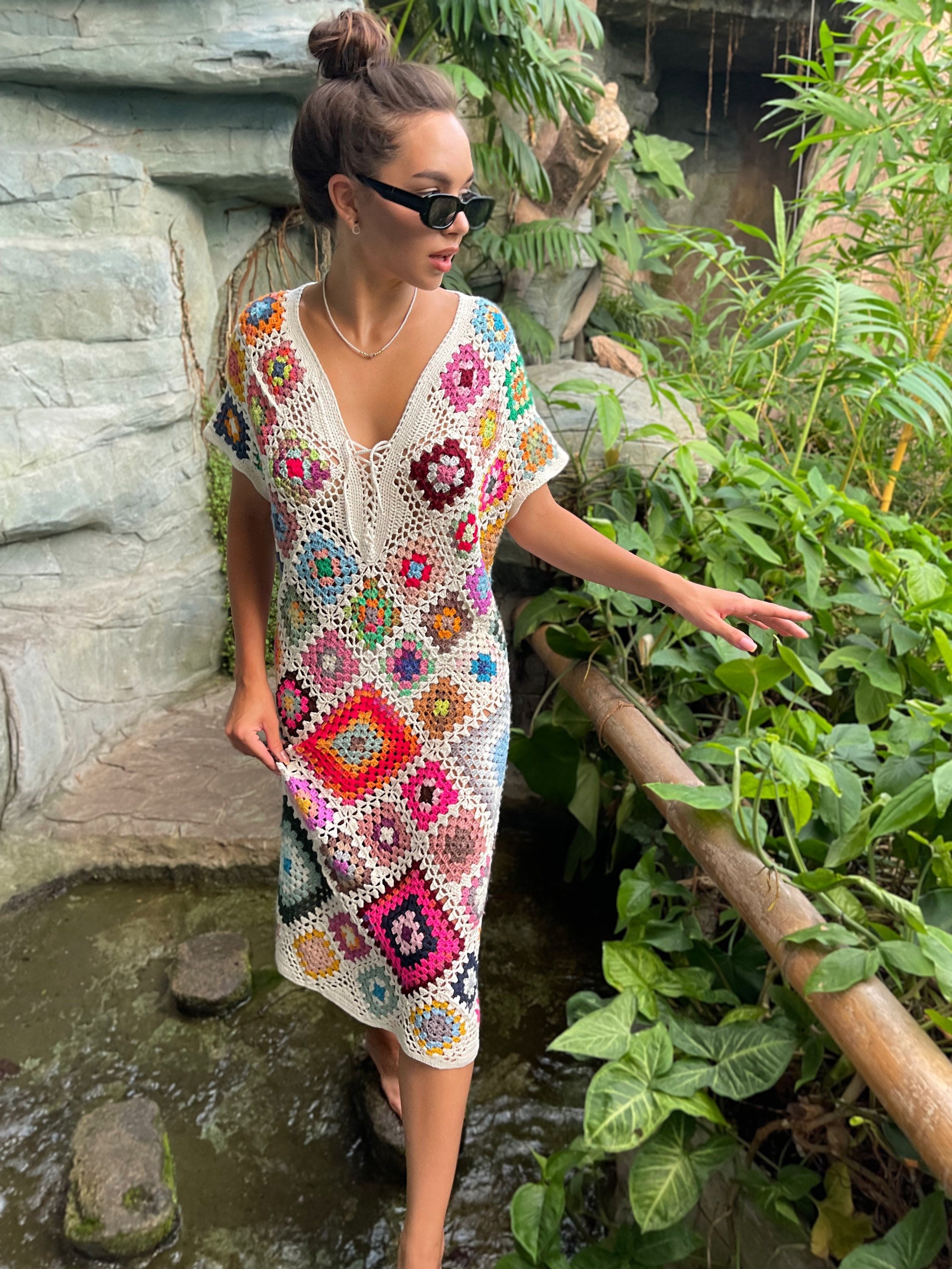 Crochet granny square dresses Crochet afghan dress Boho crochet dress Colorful dress Midi cotton dress Festival Clothing Vintage Style Dres