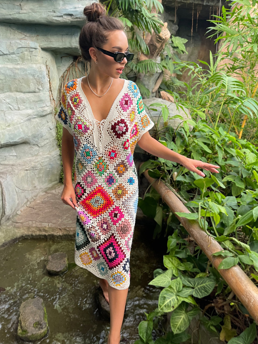 Crochet granny square dresses Crochet afghan dress Boho crochet dress Colorful dress Midi cotton dress Festival Clothing Vintage Style Dres