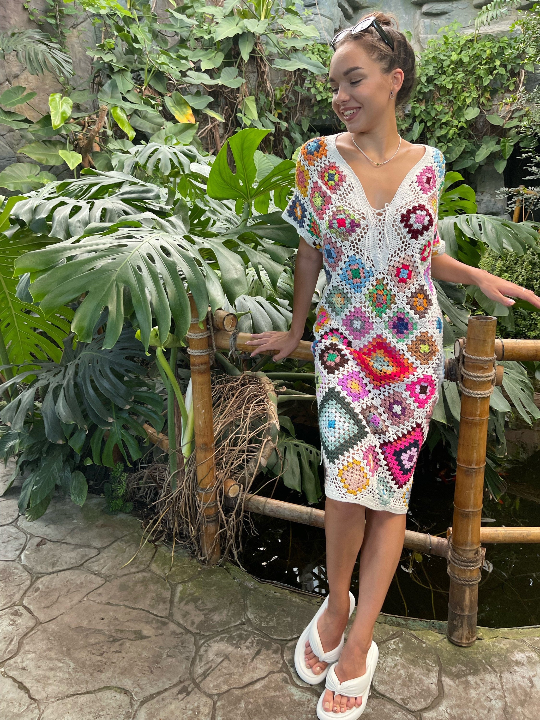 Crochet granny square dresses Crochet afghan dress Boho crochet dress Colorful dress Midi cotton dress Festival Clothing Vintage Style Dres
