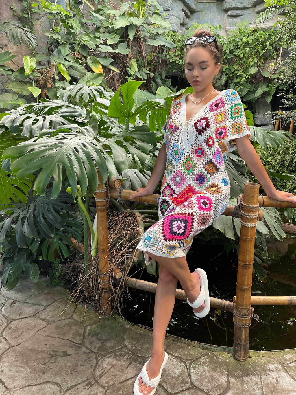 Crochet granny square dresses Crochet afghan dress Boho crochet dress Colorful dress Midi cotton dress Festival Clothing Vintage Style Dres