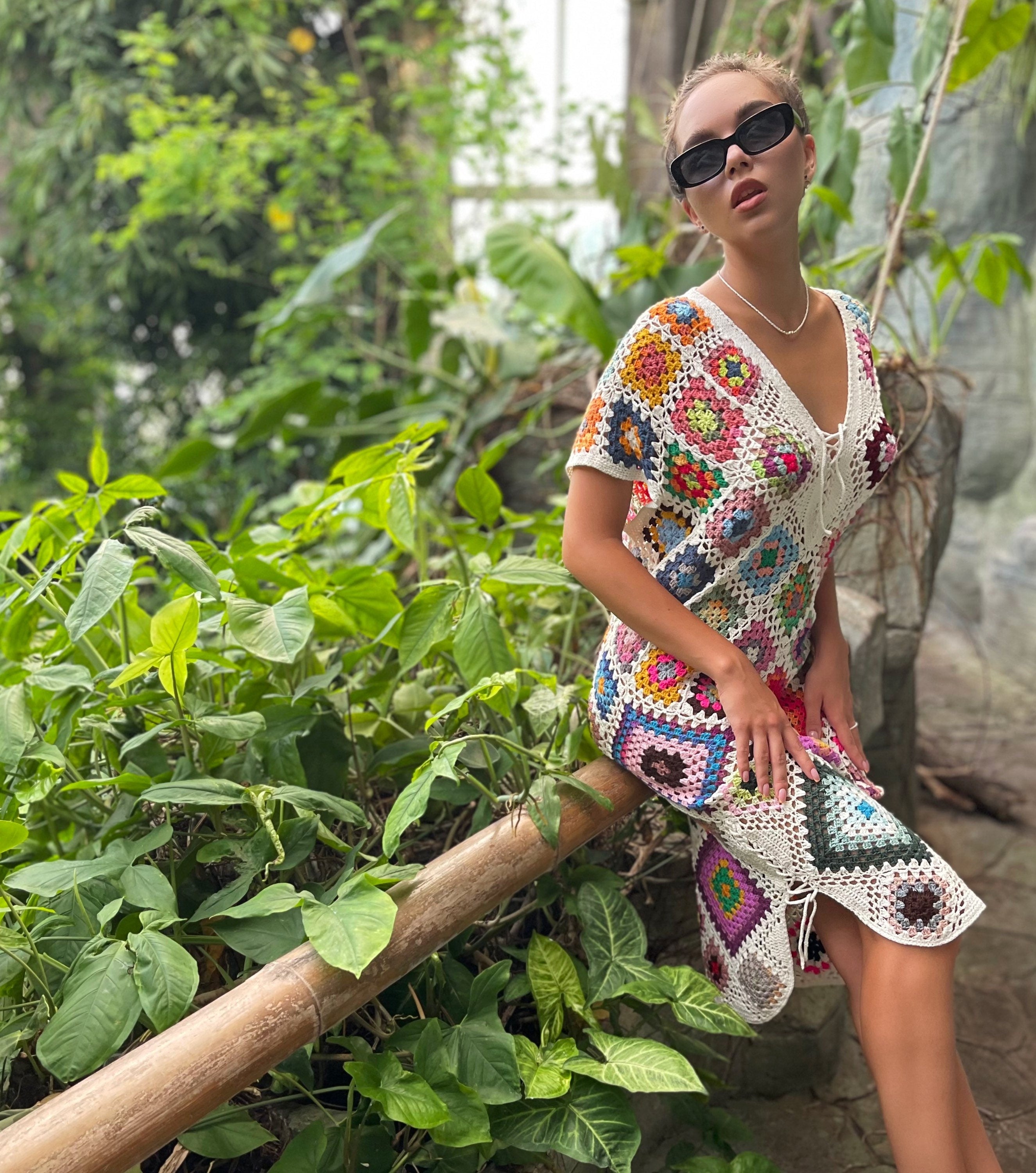 Crochet granny square dresses Crochet afghan dress Boho crochet dress Colorful dress Midi cotton dress Festival Clothing Vintage Style Dres