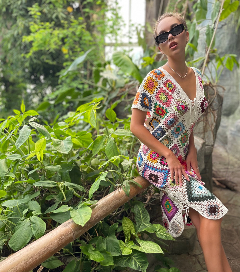 Crochet granny square dresses Crochet afghan dress Boho crochet dress Colorful dress Midi cotton dress Festival Clothing Vintage Style Dres