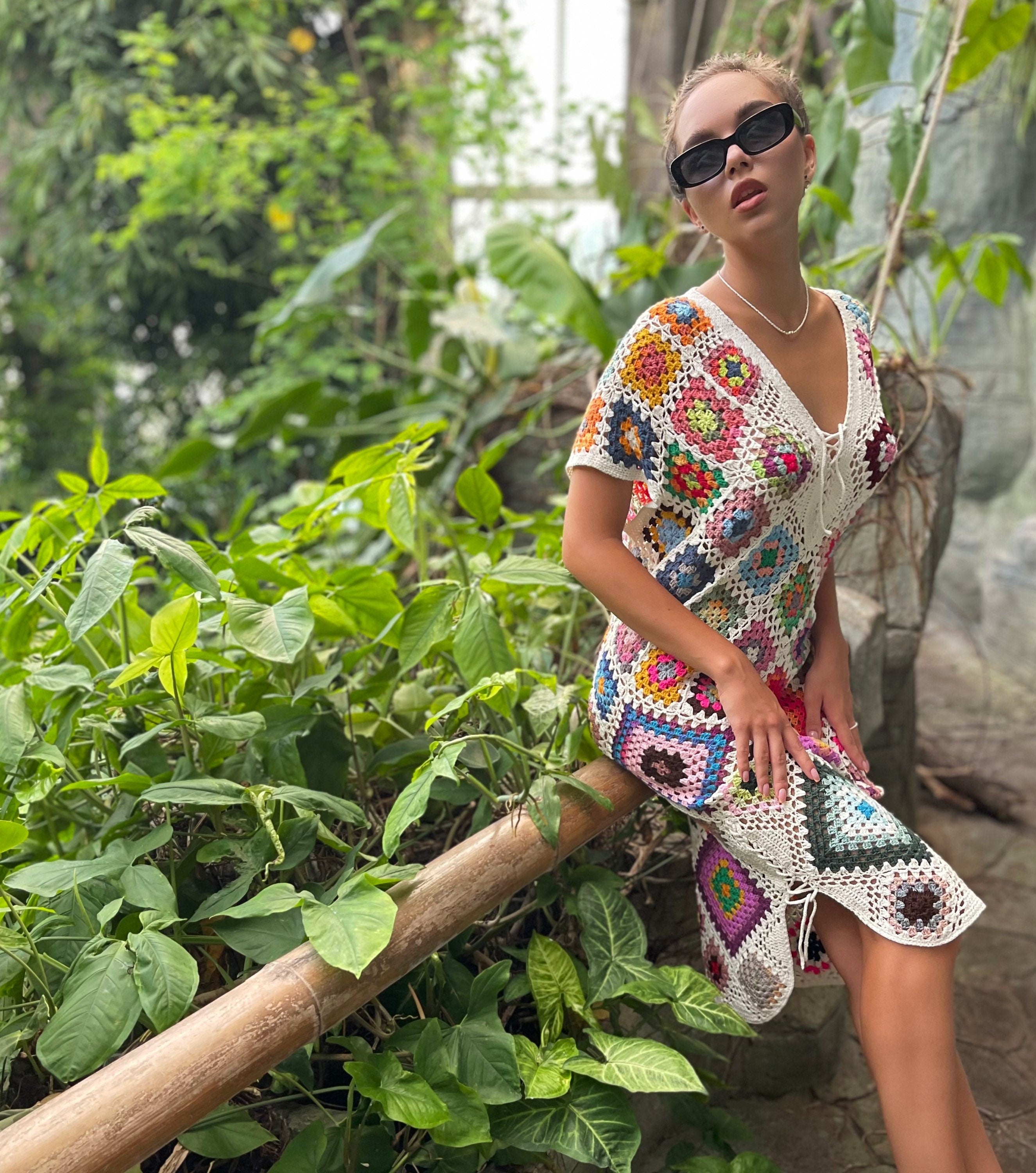 Crochet granny square dresses Crochet afghan dress Boho crochet dress Colorful dress Midi cotton dress Festival Clothing Vintage Style Dres