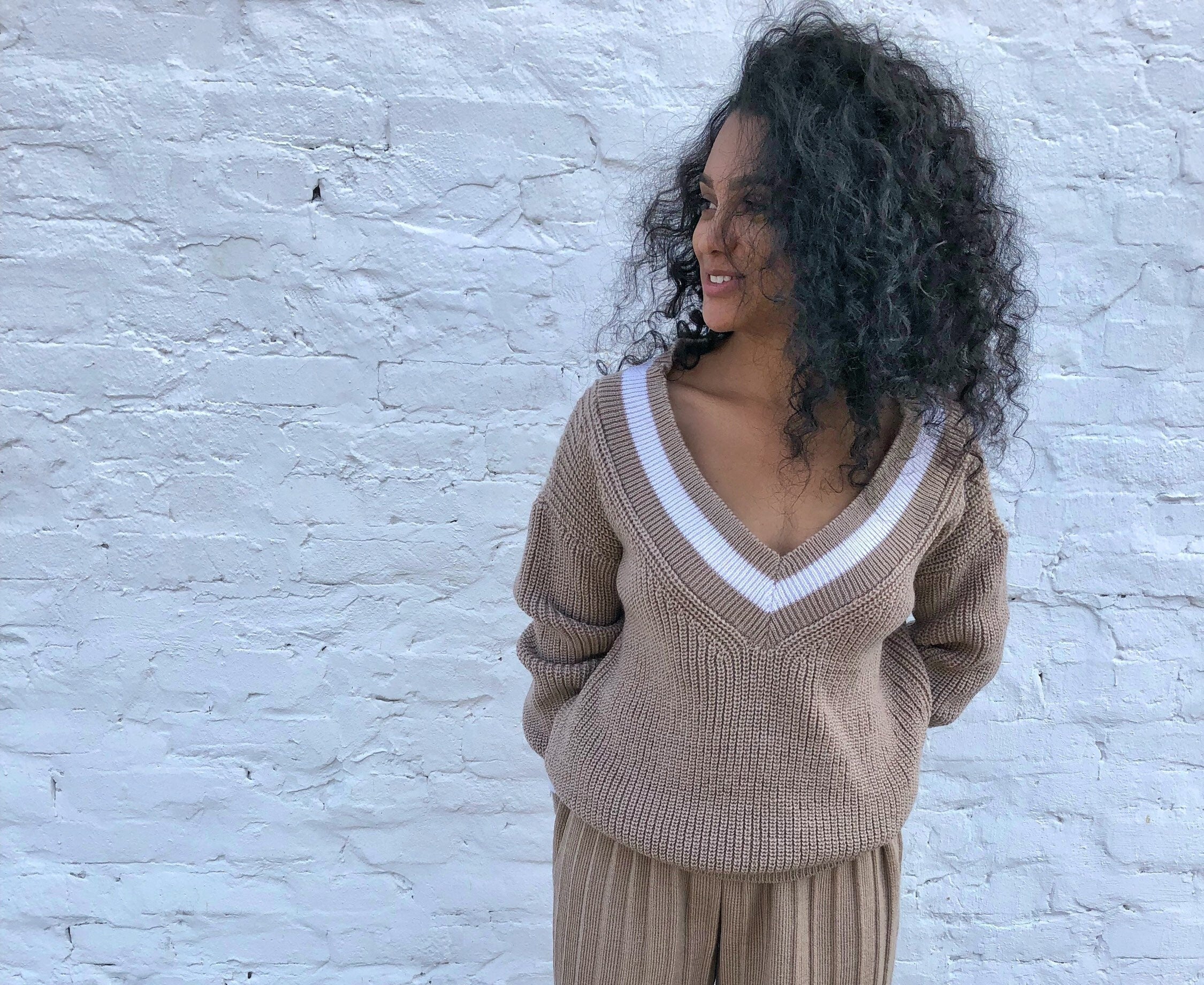 V-neck beige cable knitted merino wool sweater Chunky knit sweater women Beige Sweater Womens Chunky Thigh-High Sweater