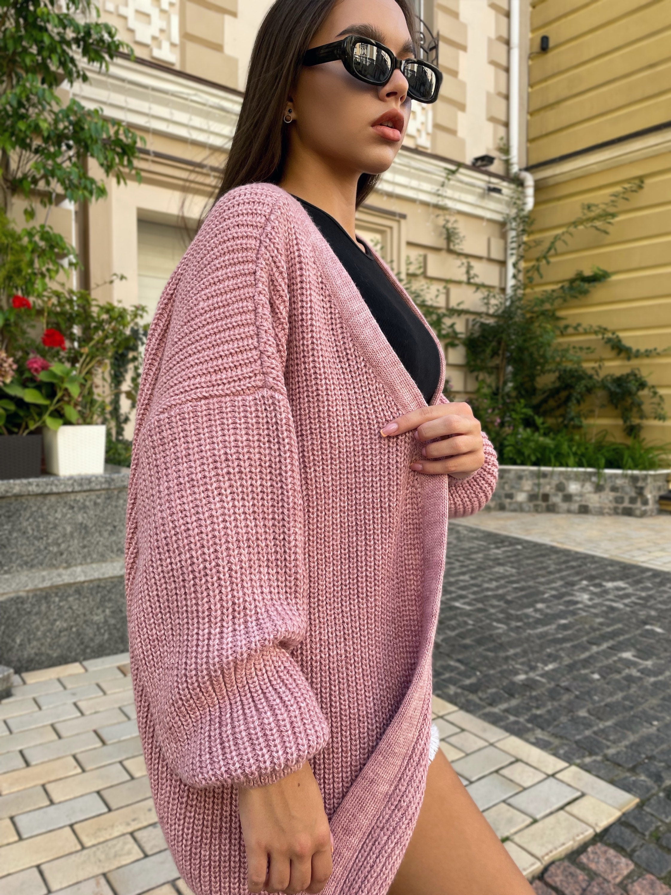 Chunky knitted cardigan Oversize pink sweater Cable knit cardigan Powder Balloon sleeve hand knitted cardigan for women Gift for besty
