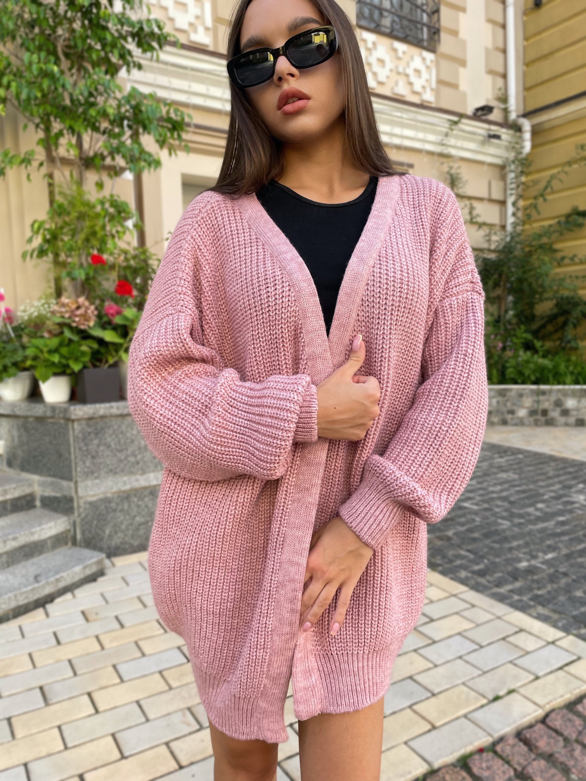 Chunky knitted cardigan Oversize pink sweater Cable knit cardigan Powder Balloon sleeve hand knitted cardigan for women Gift for besty