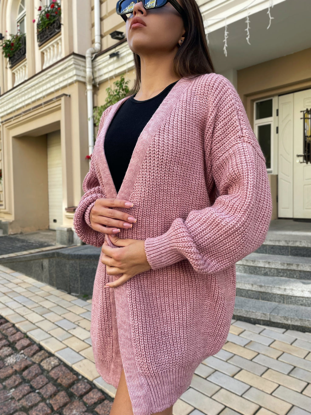 Chunky knitted cardigan Oversize pink sweater Cable knit cardigan Powder Balloon sleeve hand knitted cardigan for women Gift for besty