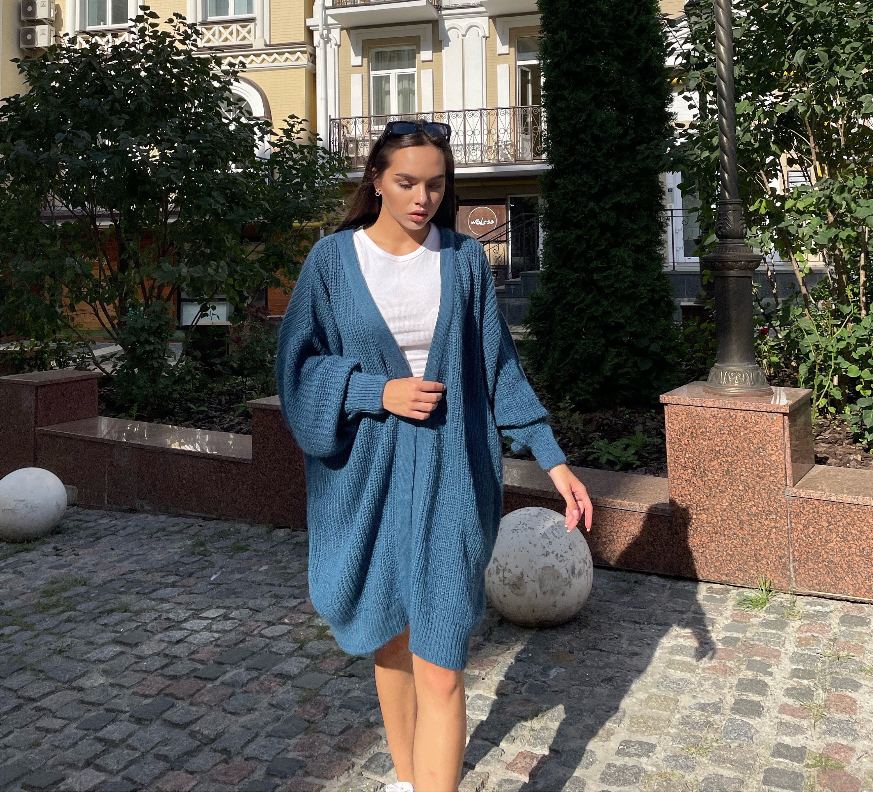 Chunky knitted cardigan Oversize blue sweater Cable knit cardigan Powder Balloon sleeve hand knitted green cardigan cocoon for women