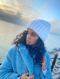 Hand knitted white mohair hat women Bulky knit chunky winter beanie hat Warm hat with lapel Chunky knit hat Cozy white knitted hat