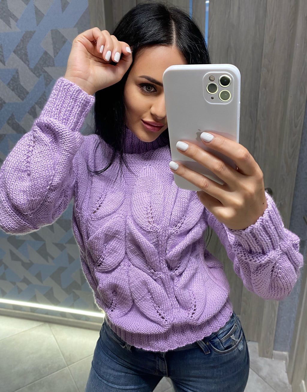 Cable hand knitted sweater with leaves Soft knitted lilac turtleneck sweater Chunky knit pullover