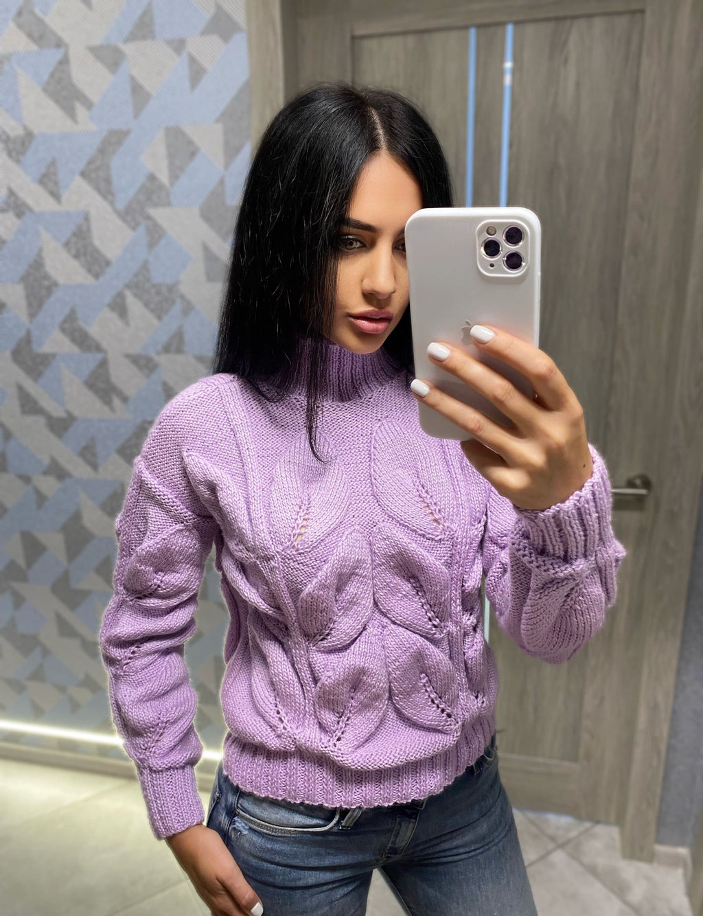 Cable hand knitted sweater with leaves Soft knitted lilac turtleneck sweater Chunky knit pullover