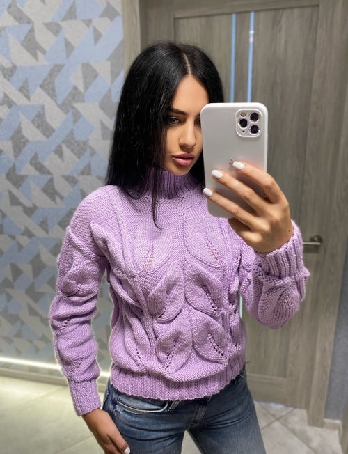 Cable hand knitted sweater with leaves Soft knitted lilac turtleneck sweater Chunky knit pullover