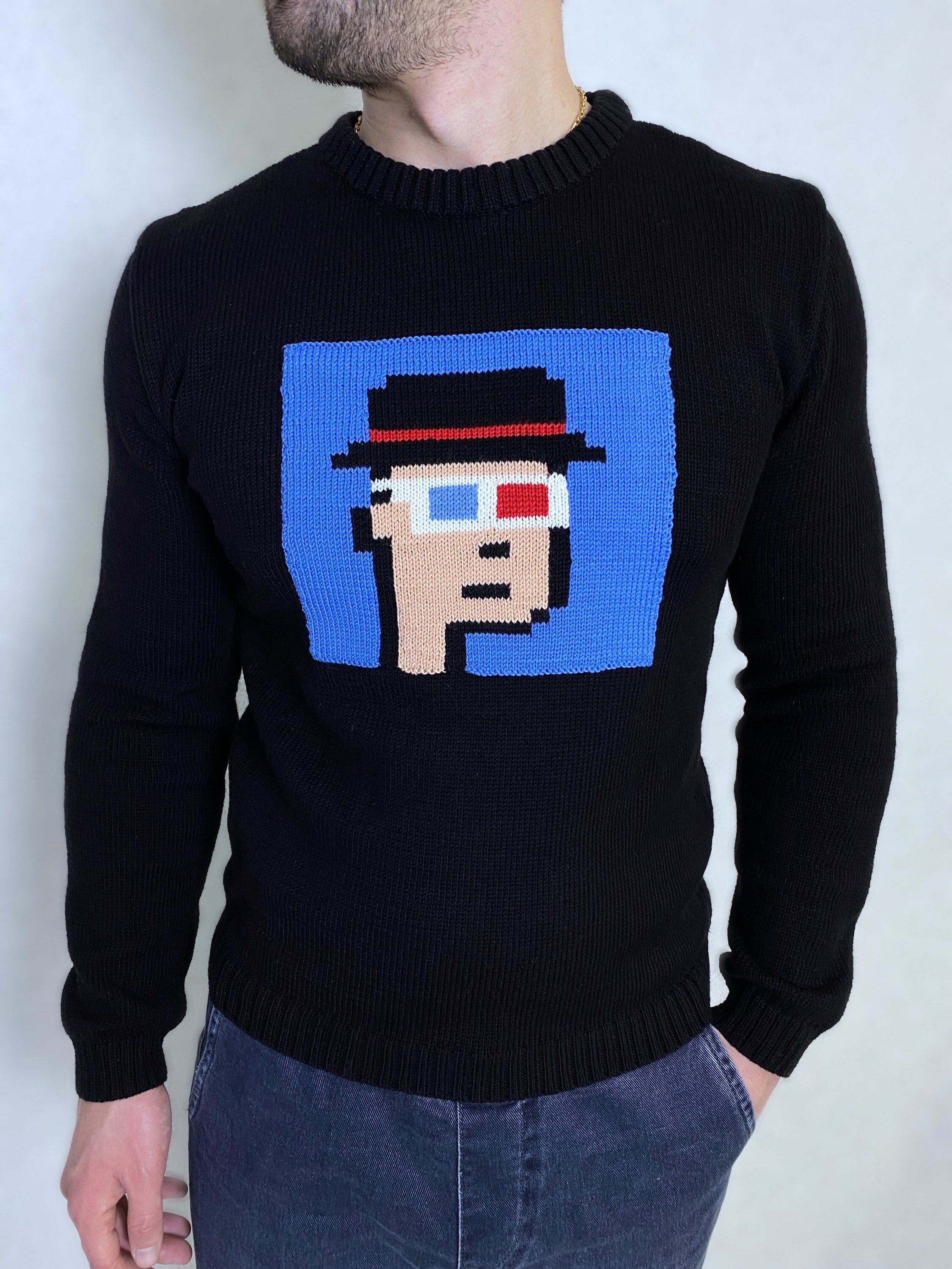 Knit black merino wool sweater Crypto jumper pixel unisex Funny Knit merino black blue bitcoin sweater ethereum ugly sweater gifts for him