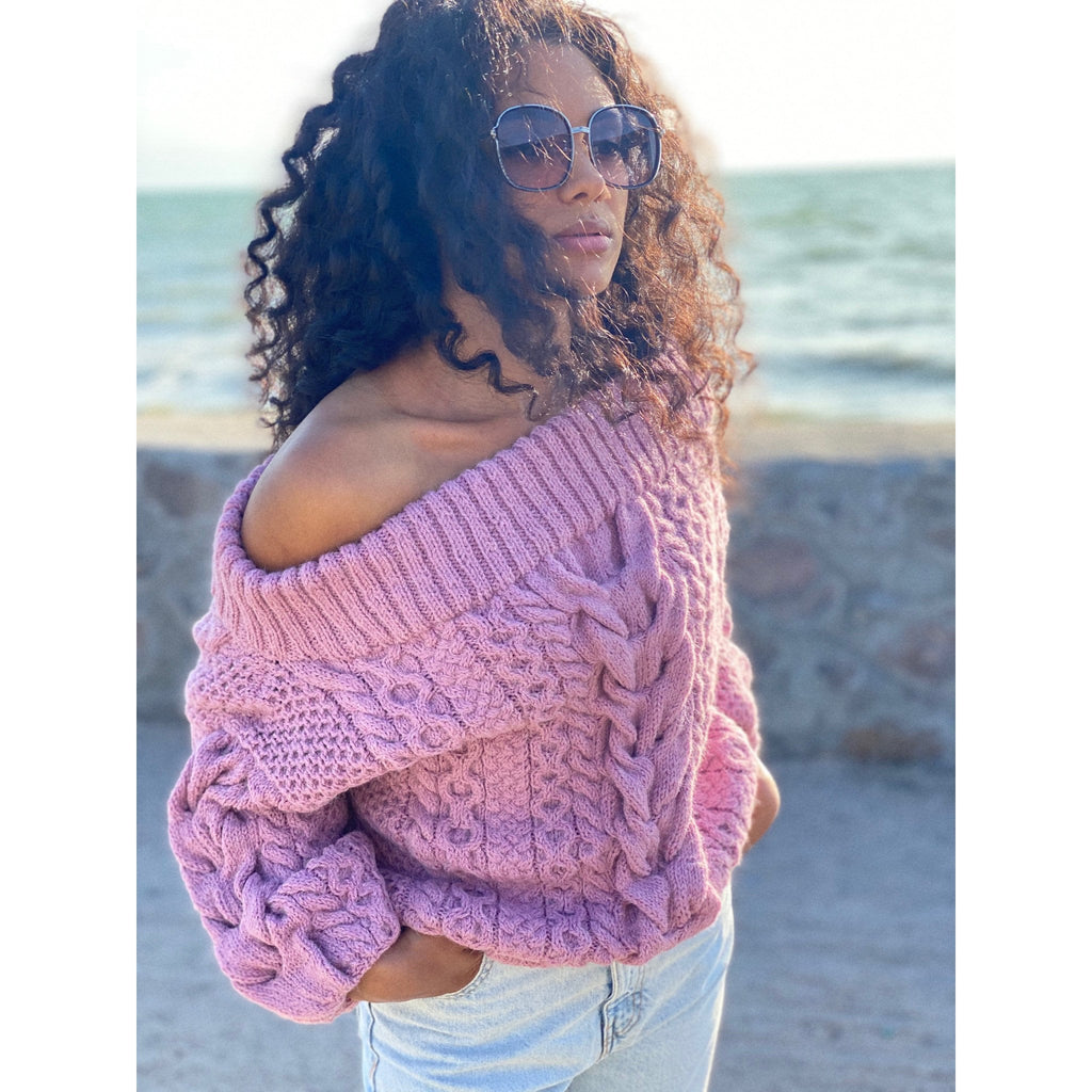 Pastel pink hand Dry dusty rose knit alpaca wool sweater woman Cable hand knit sweater Loose pullover Oversiz chunky knit bulky off shoulder