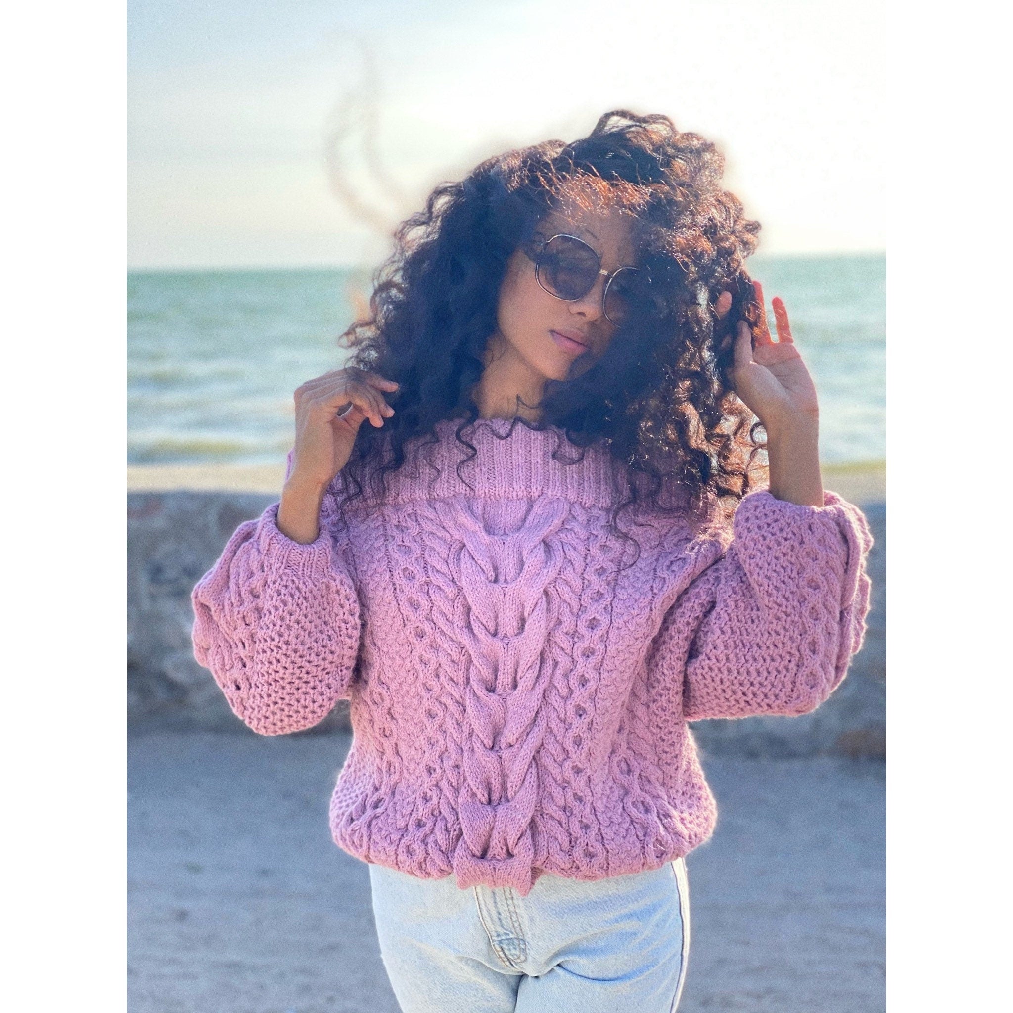 Pink pastel hand knit alpaca wool/merino sweater woman Cable hand knit sweater Loose pastel pullover Oversize chunky knit bulky off shoulder