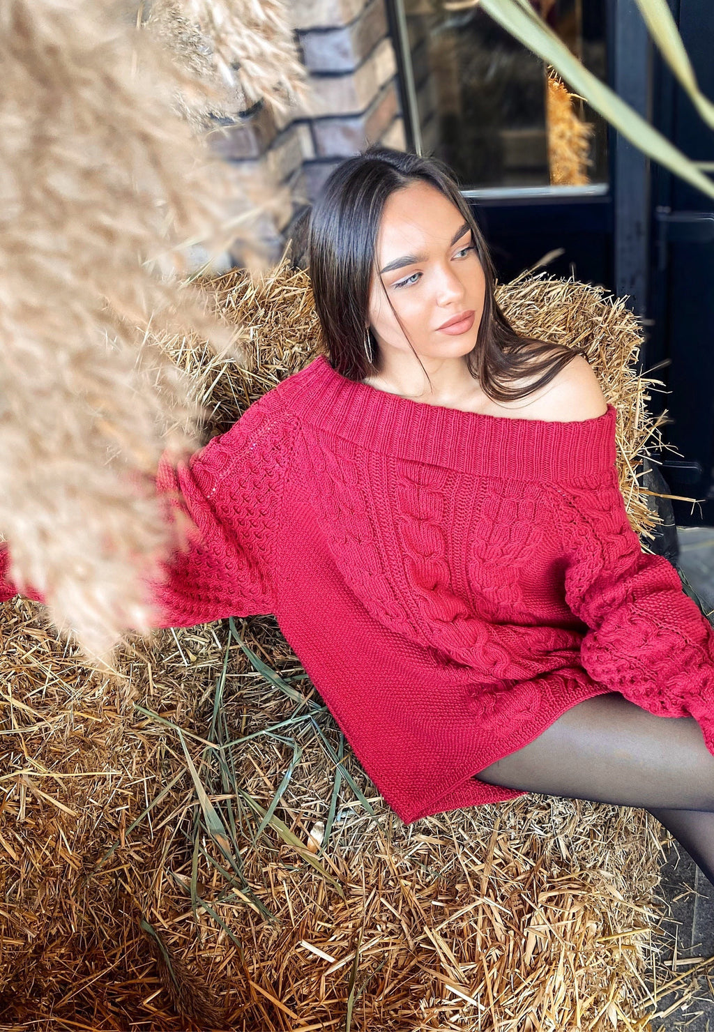 Red off shoulder hand knit sweater dress/bohemian sweater dress/off shoulder white dress/white knit tunic/braid chunky sweater