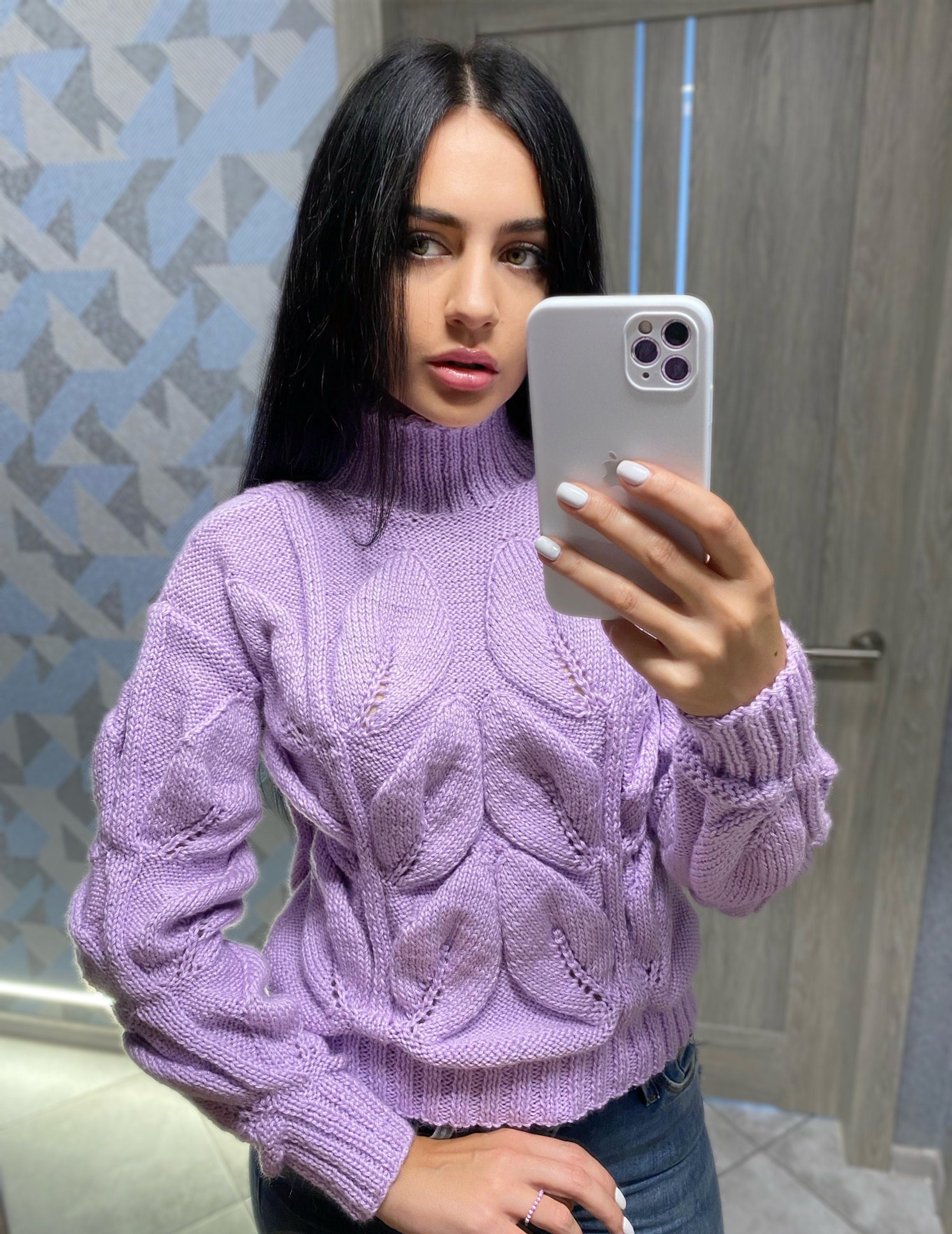 Cable hand knitted sweater with leaves Soft knitted lilac turtleneck sweater Chunky knit pullover