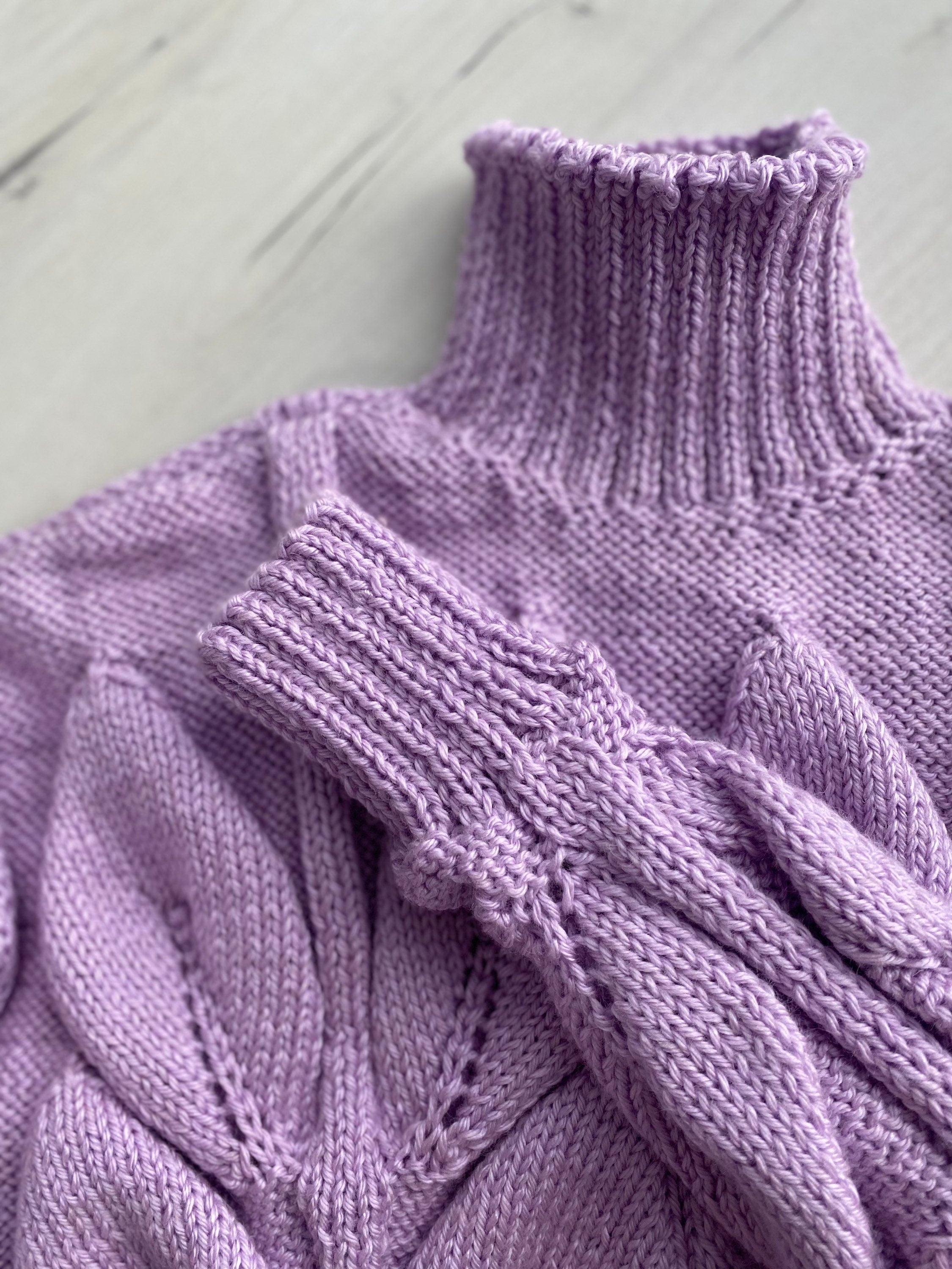 Cable hand knitted sweater with leaves Soft knitted lilac turtleneck sweater Chunky knit pullover