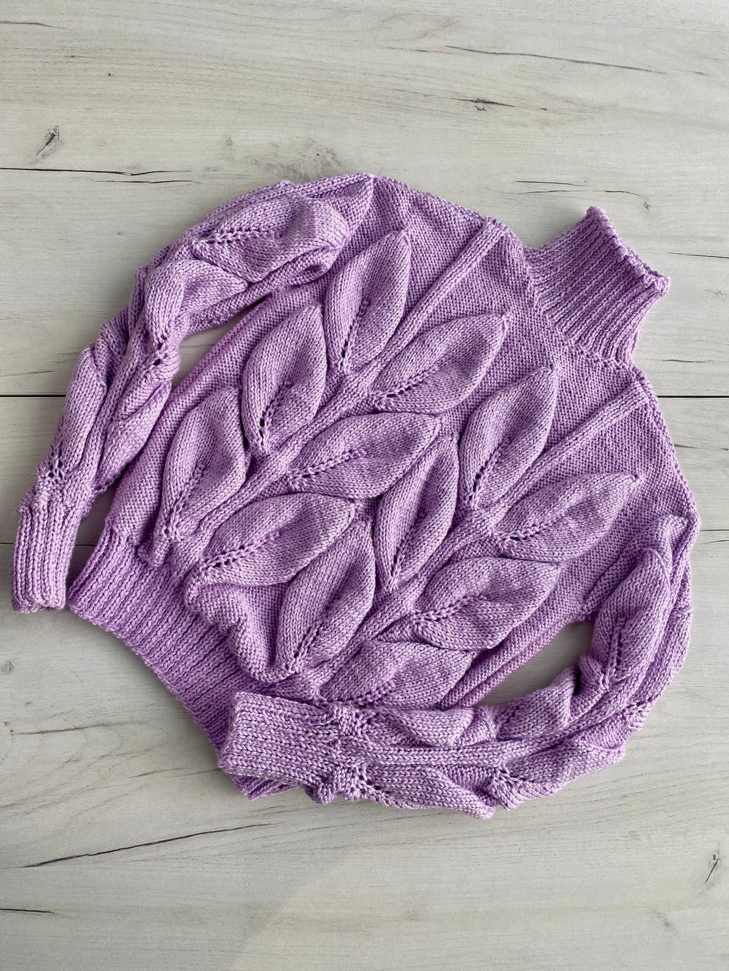 Cable hand knitted sweater with leaves Soft knitted lilac turtleneck sweater Chunky knit pullover