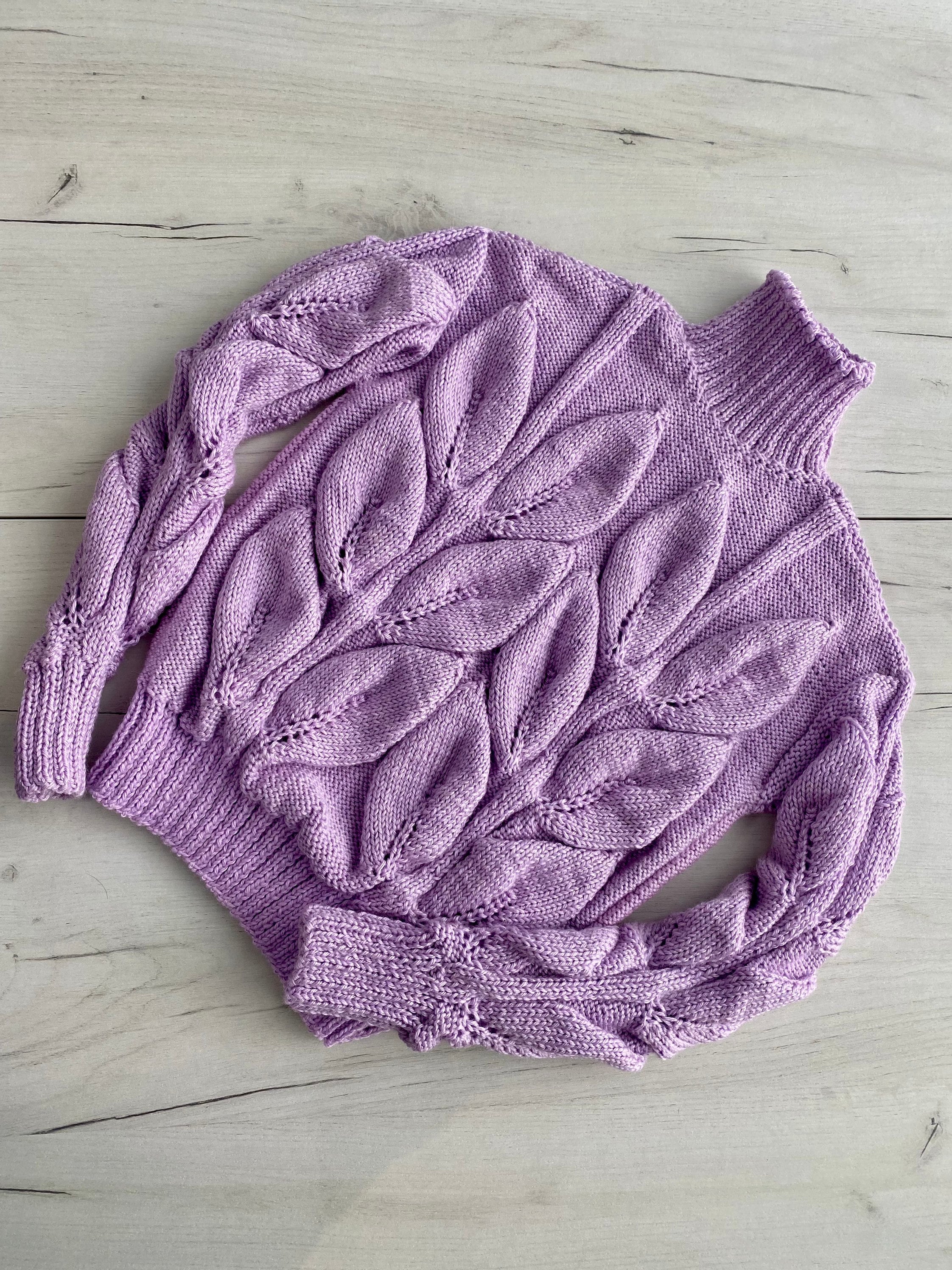 Cable hand knitted sweater with leaves Soft knitted lilac turtleneck sweater Chunky knit pullover