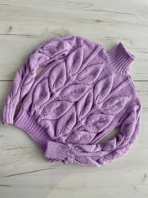 Cable hand knitted sweater with leaves Soft knitted lilac turtleneck sweater Chunky knit pullover