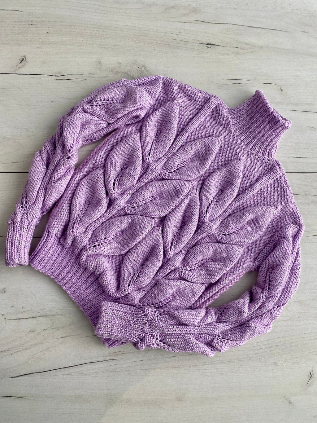 Cable hand knitted sweater with leaves Soft knitted lilac turtleneck sweater Chunky knit pullover