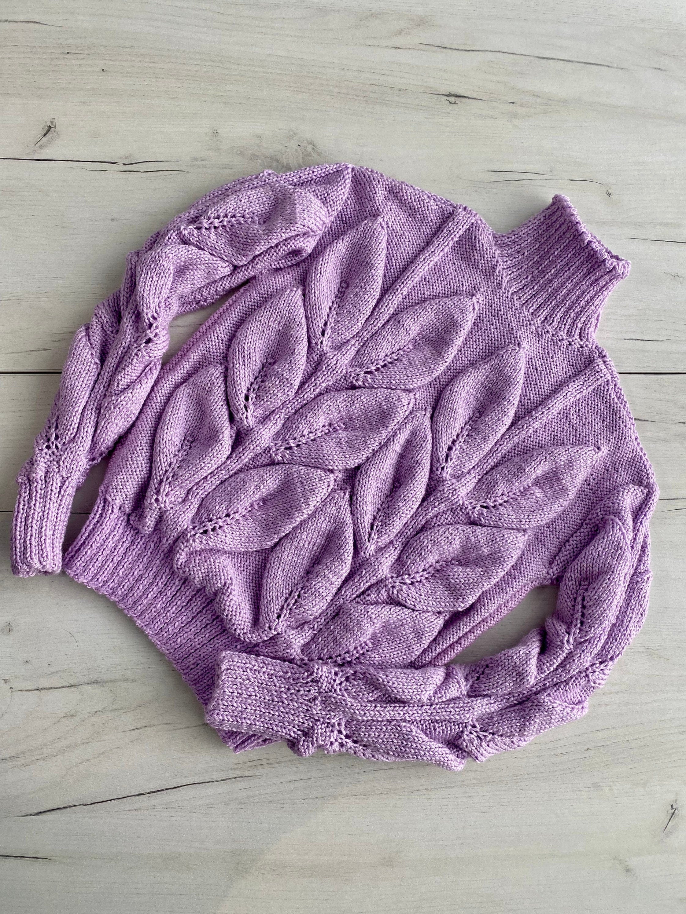 Cable hand knitted sweater with leaves Soft knitted lilac turtleneck sweater Chunky knit pullover