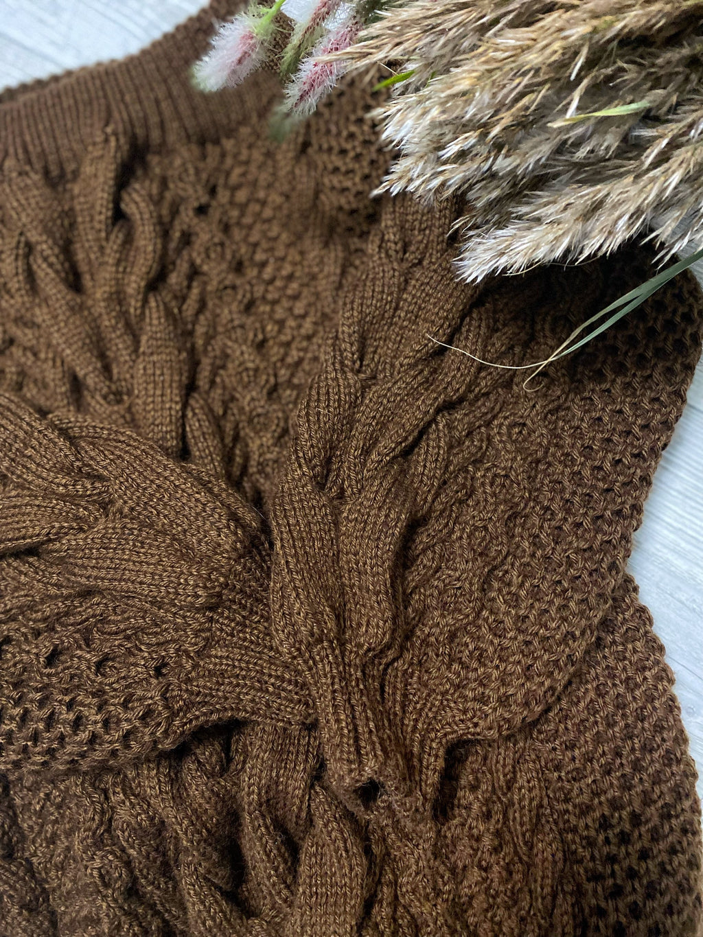 Hand knit sweater dress for women Brown White cable sweater dress open shoulders Long women’s wool sweater braids knit dress one shoulder