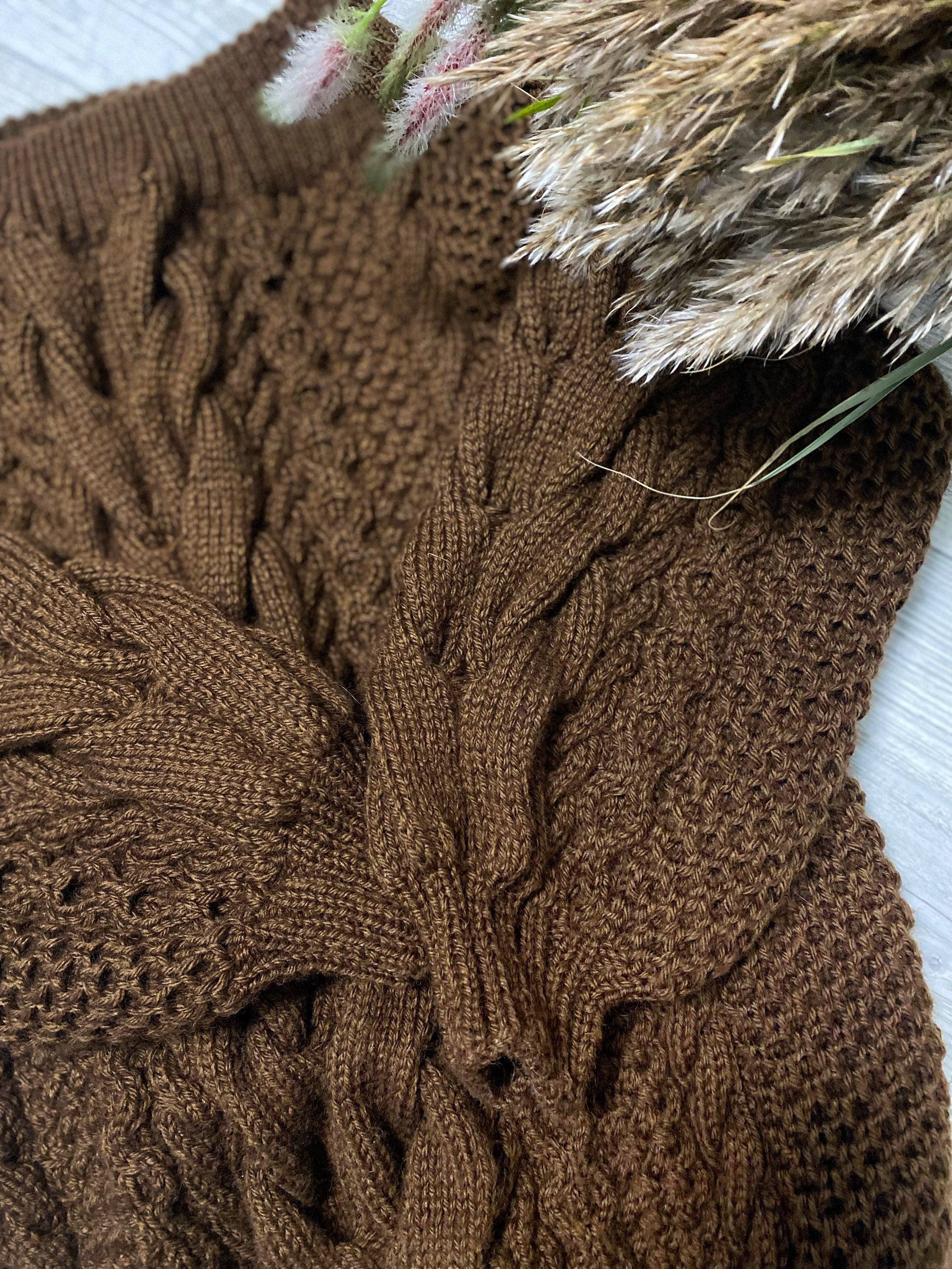 Hand knit sweater dress for women Brown White cable sweater dress open shoulders Long women’s wool sweater braids knit dress one shoulder