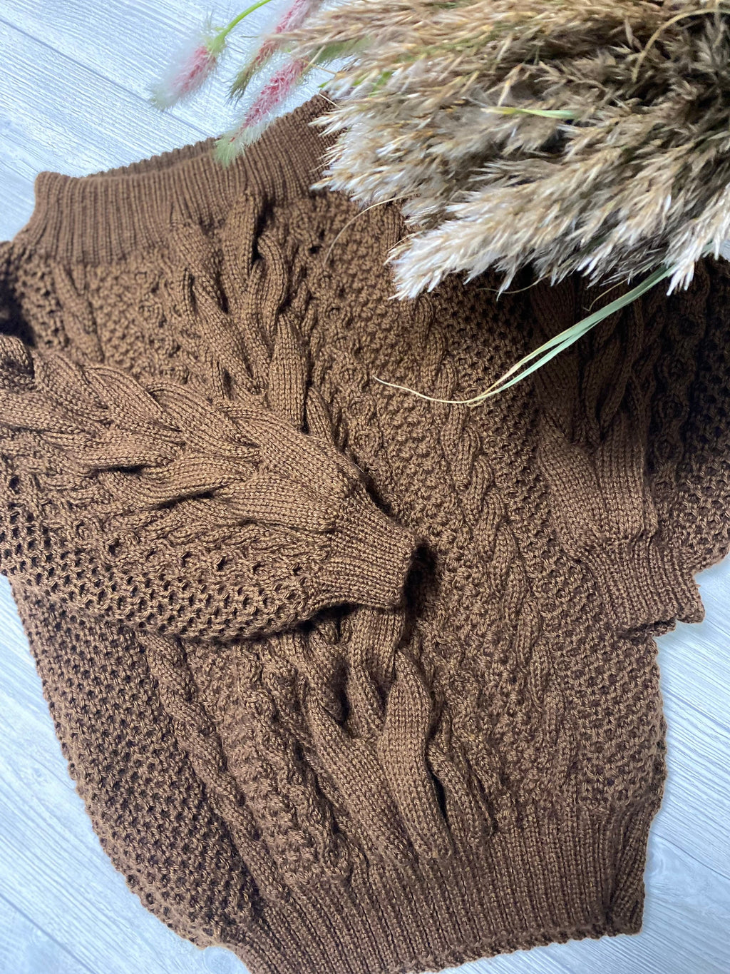 Hand knit sweater dress for women Brown White cable sweater dress open shoulders Long women’s wool sweater braids knit dress one shoulder