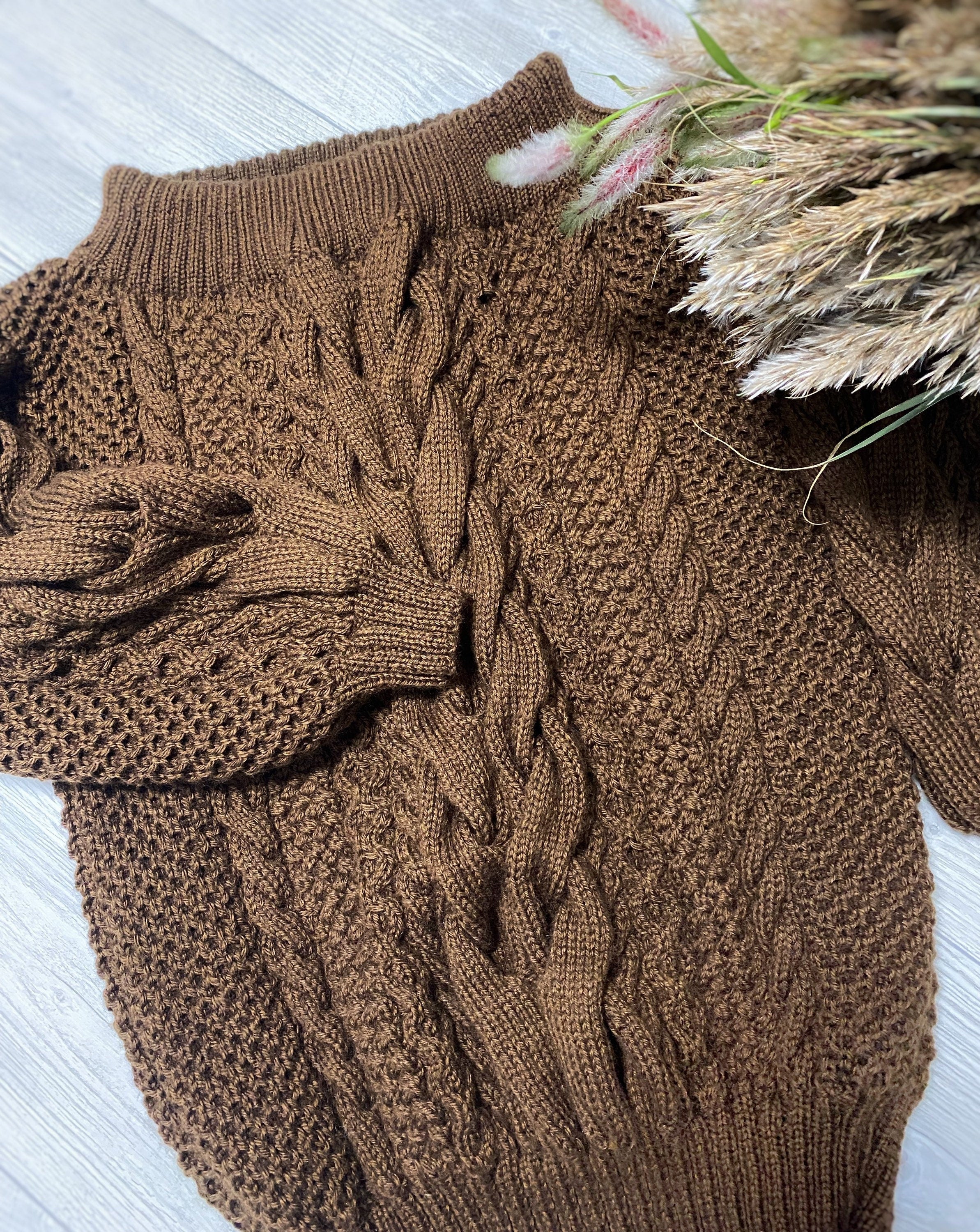 Hand knit sweater dress for women Brown White cable sweater dress open shoulders Long women’s wool sweater braids knit dress one shoulder