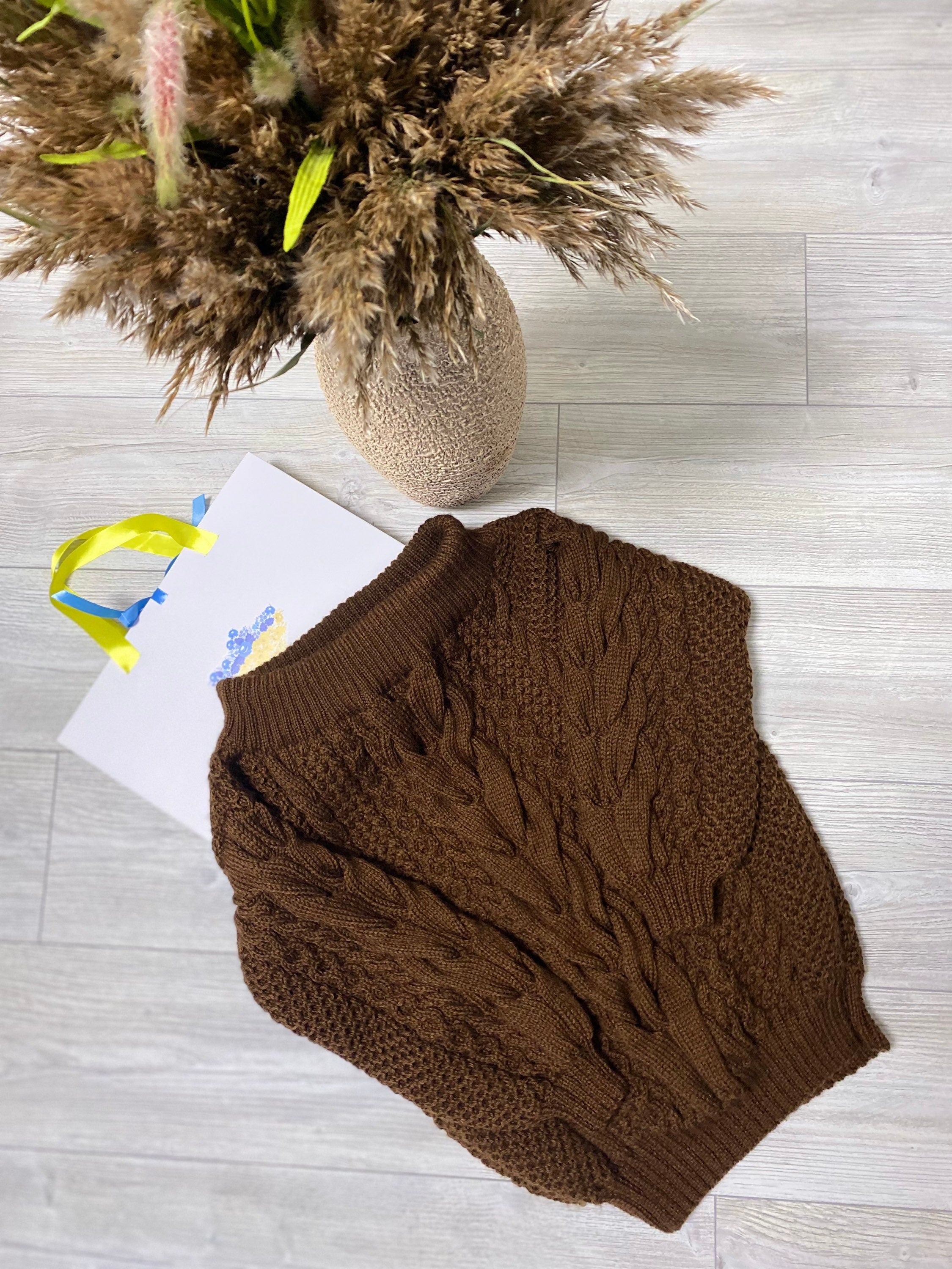 Hand knit sweater dress for women Brown White cable sweater dress open shoulders Long women’s wool sweater braids knit dress one shoulder