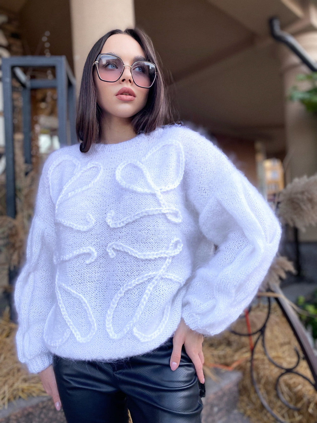Mohair Cable knit Sweater White Fluffy oversized pullover lilac brown black purple Hand knit wool winter sweater for women Puff blouse