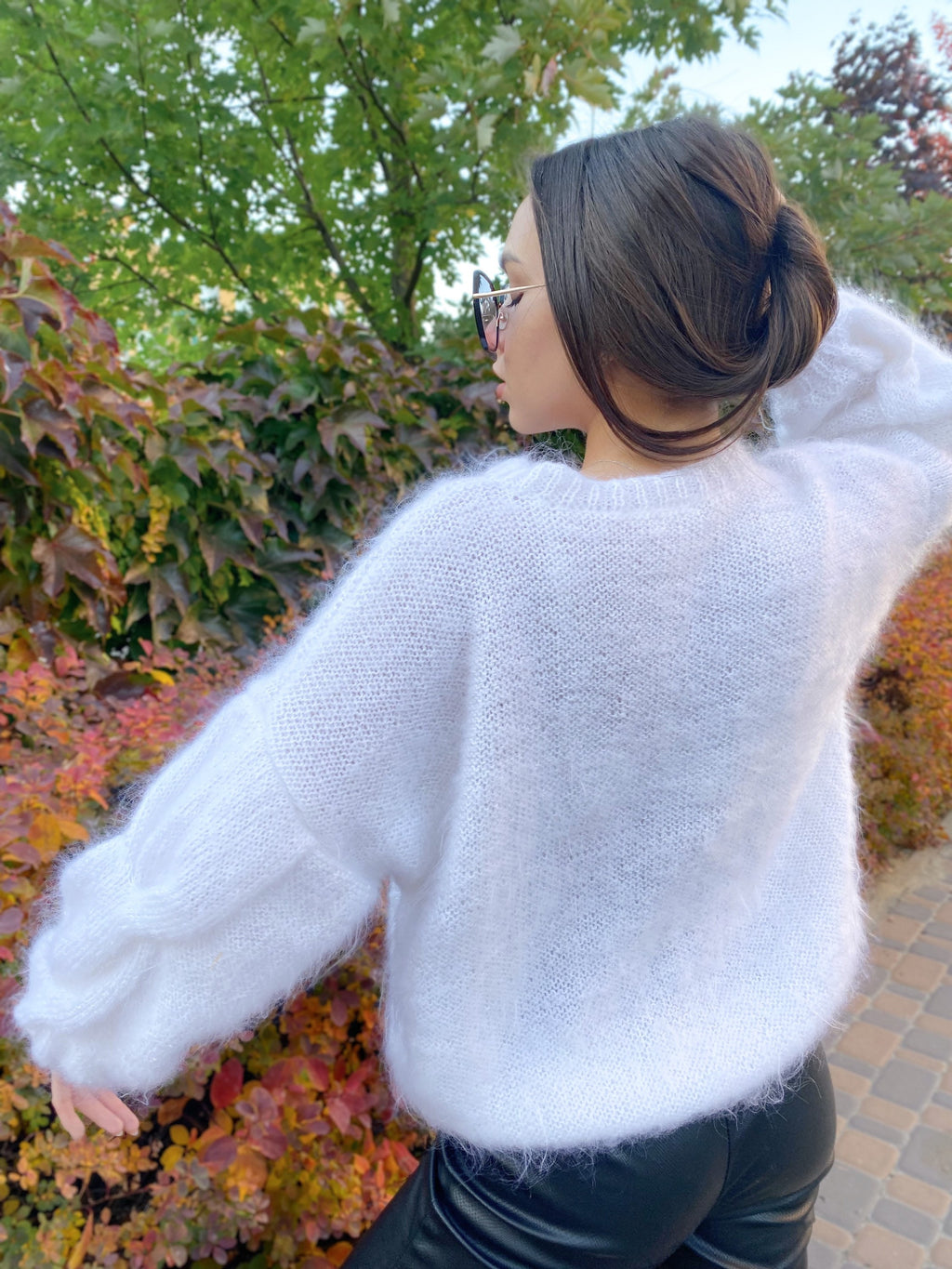 Mohair Cable knit Sweater White Fluffy oversized pullover lilac brown black purple Hand knit wool winter sweater for women Puff blouse