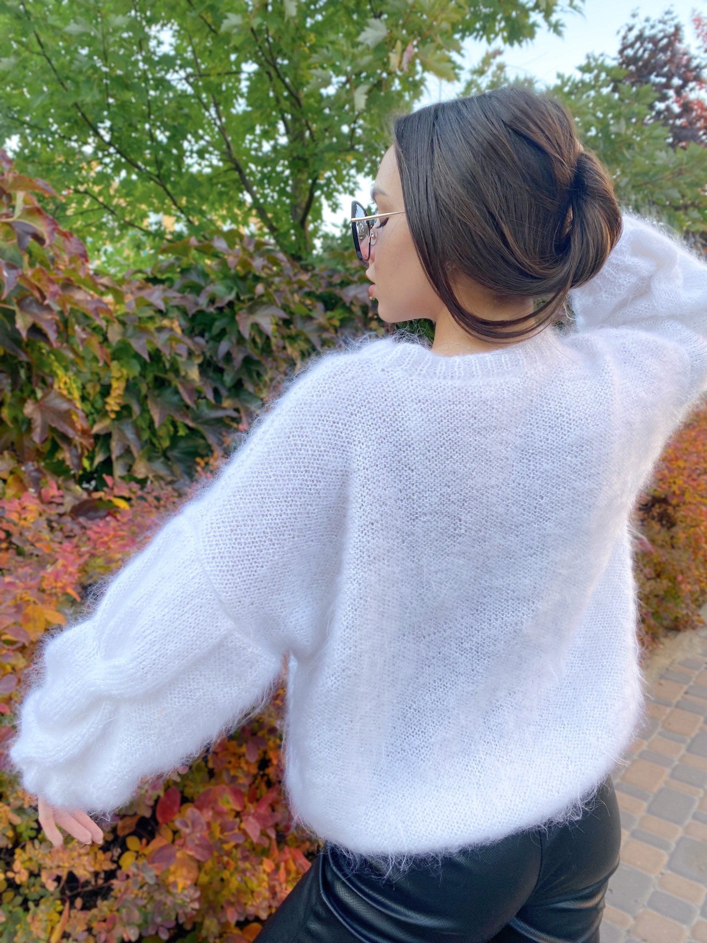 Mohair Cable knit Sweater White Fluffy oversized pullover lilac brown black purple Hand knit wool winter sweater for women Puff blouse