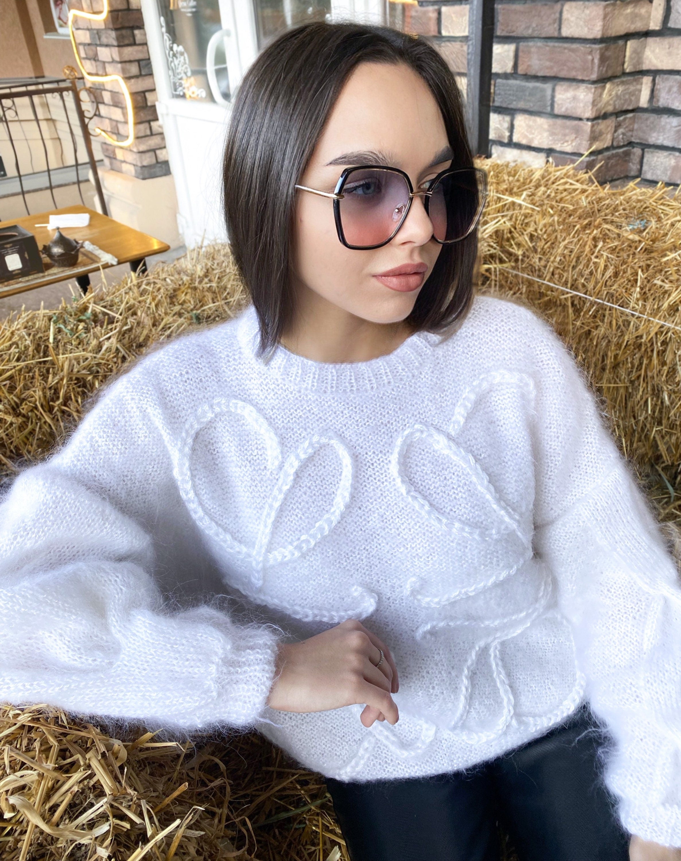 Mohair Cable knit Sweater White Fluffy oversized pullover lilac brown black purple Hand knit wool winter sweater for women Puff blouse